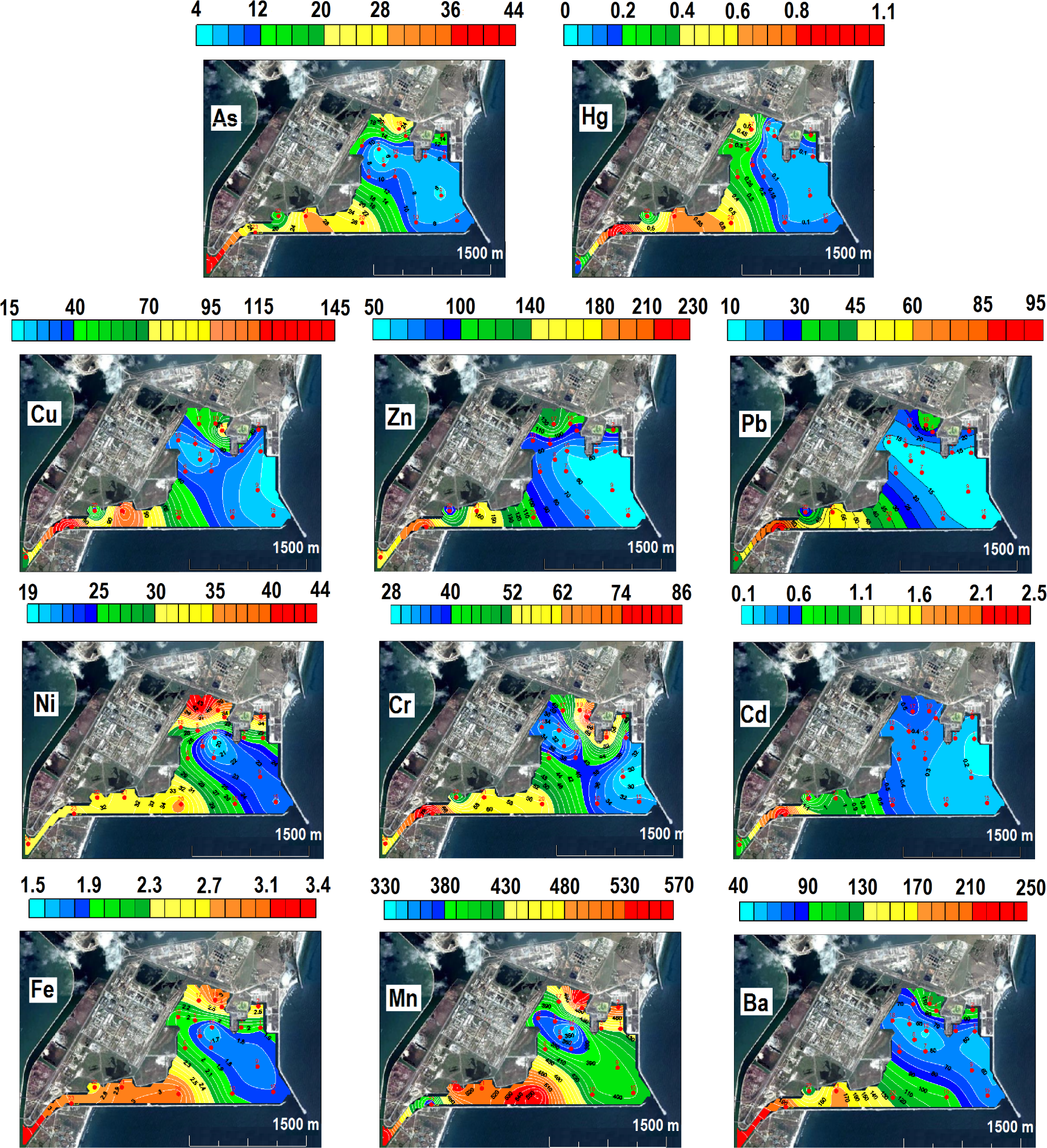 Figure 4 Areal distribution of the heavy metal contents considered in the surface sediments, from the Midia Port area (Source image:On line at: http://www.google.com/earth/index/html., with addings). Note: the heavy metal contents are expressed in mg/kg; the colour scale ranges from blue (low values) to red (high values); even if, in the investigated perimeter the results agreed with the environmental standards, it is interesting to notice the spatial distribution pattern of the heavy metal concentrations in the Midia Port sediments.
