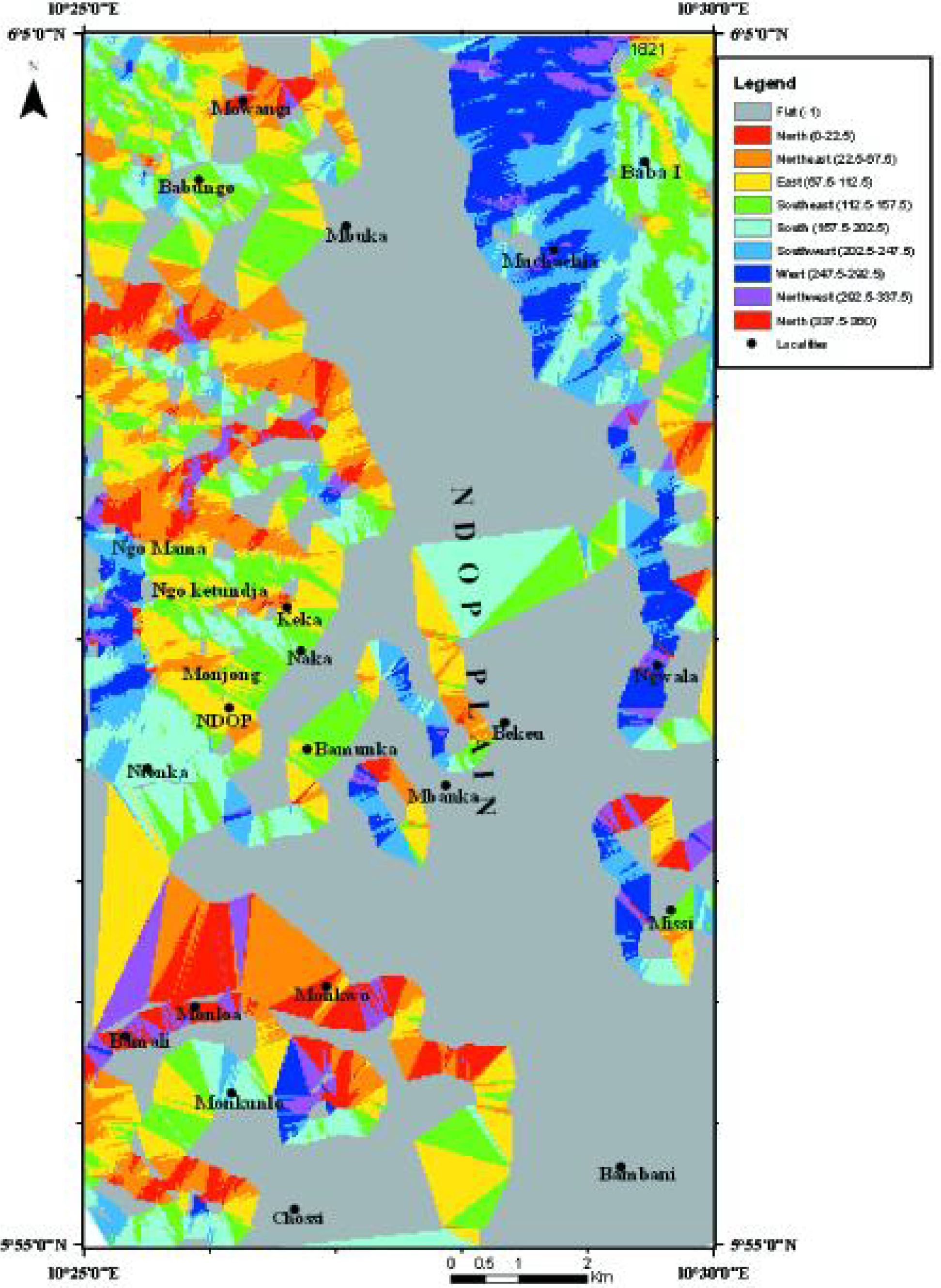 Figure 5a Raster maps of parameters used in hazards mapping in the Ndop Plain. (a) slope orientation (aspect).