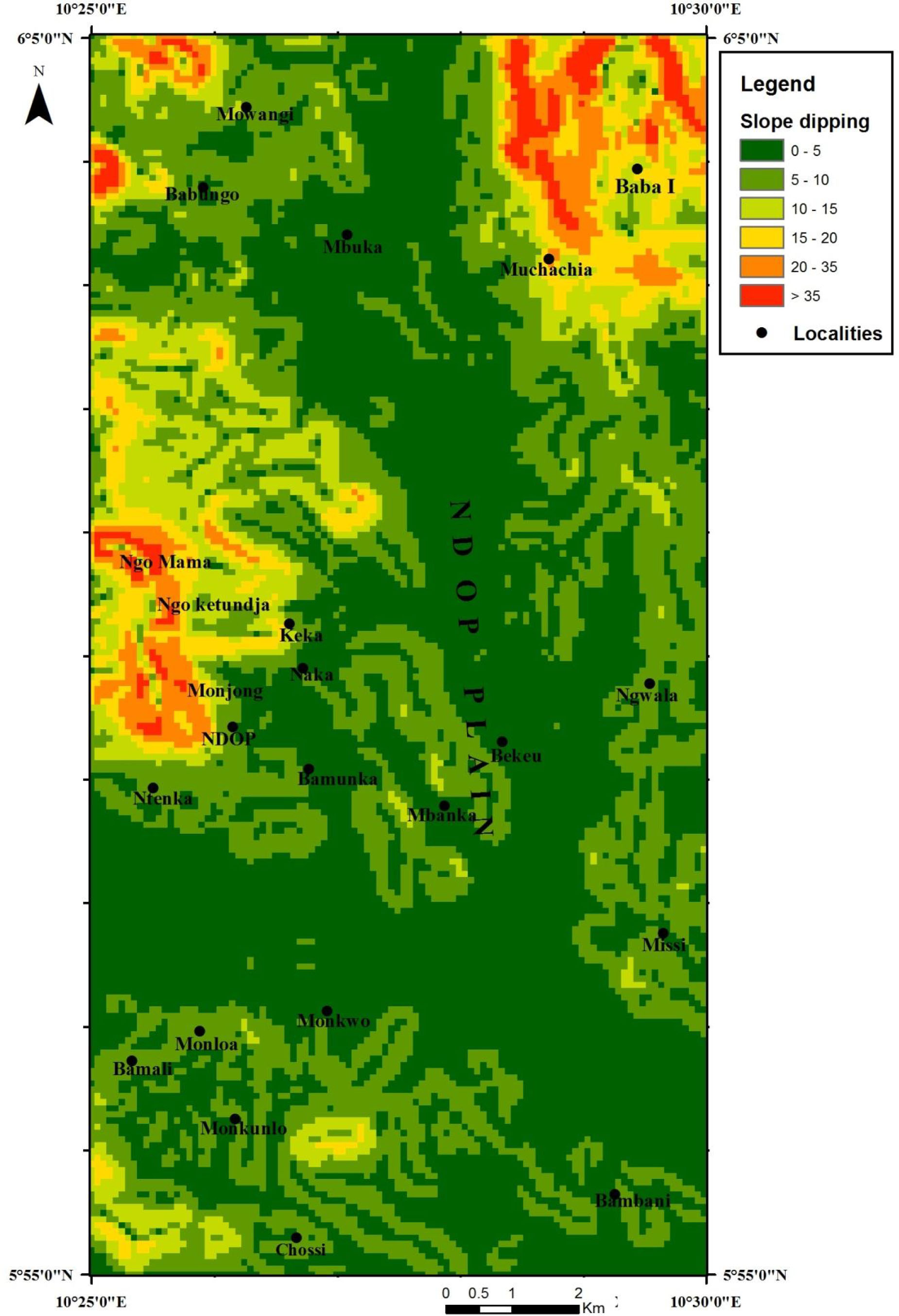 Figure 5b Raster maps of parameters used in hazards mapping in the Ndop Plain. (b) slope dipping.