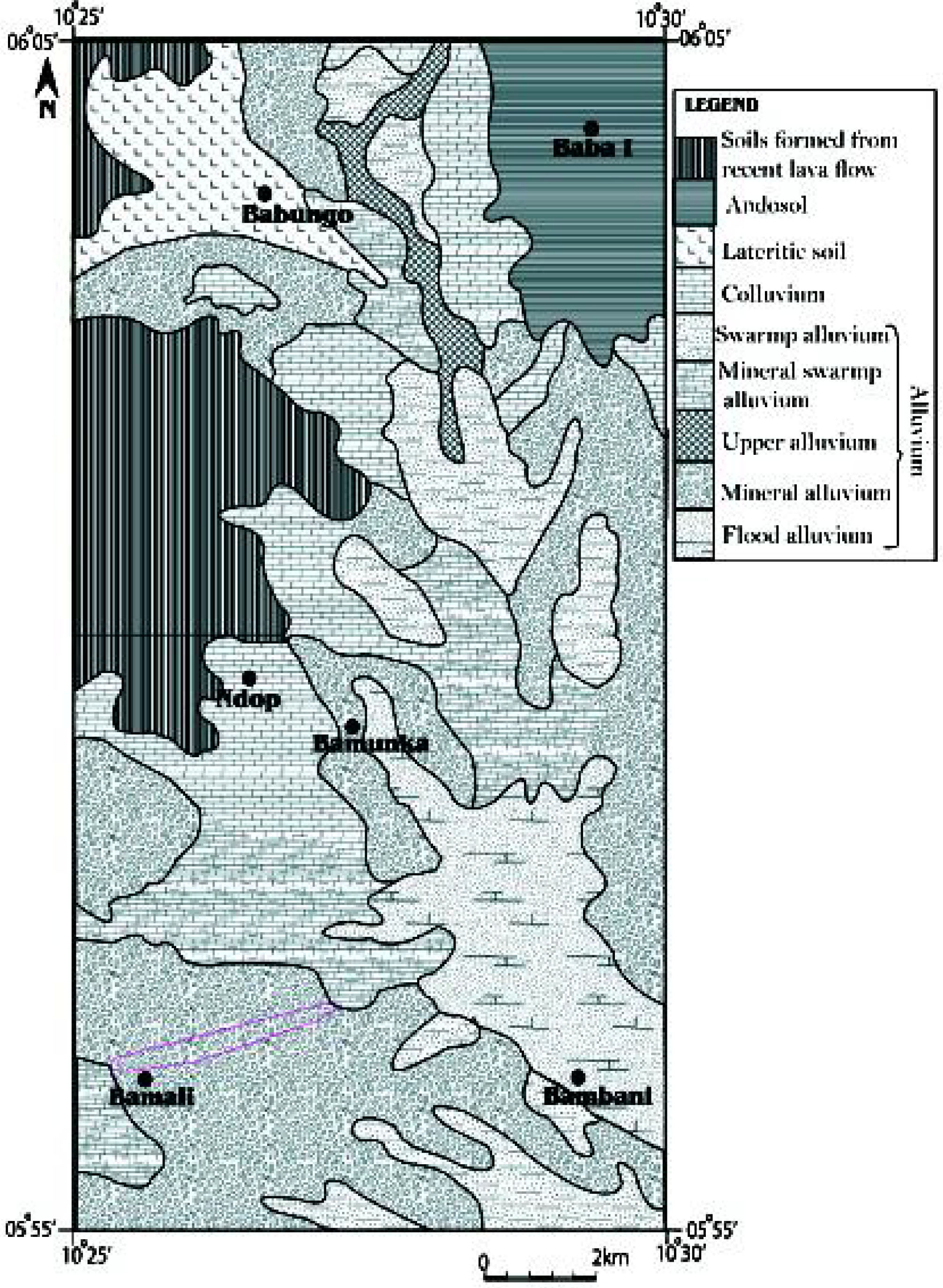 Figure 5e Raster maps of parameters used in hazards mapping in the Ndop Plain. (e) soil map.