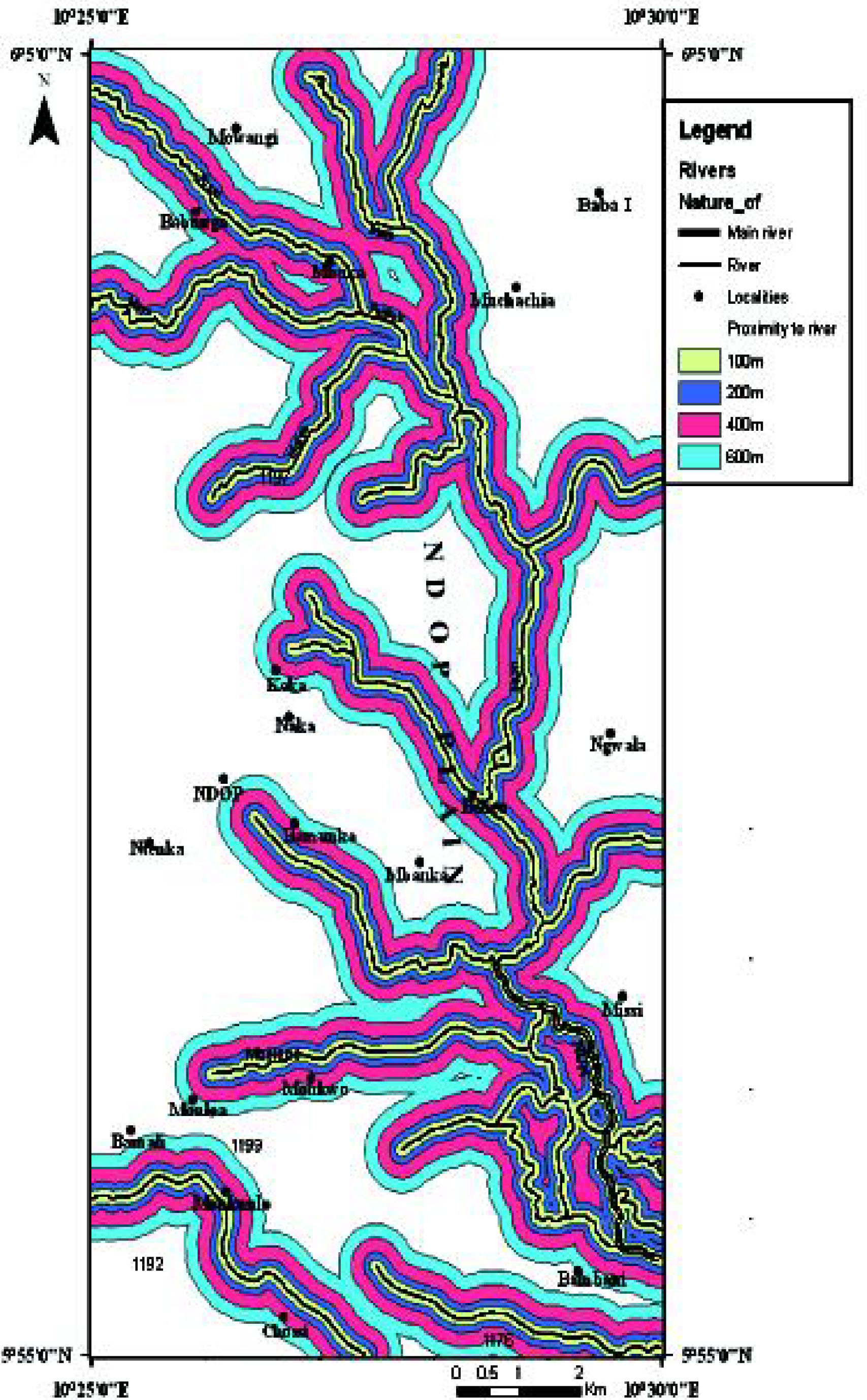 Figure 5g Raster maps of parameters used in hazards mapping in the Ndop Plain. (g) proximity to river map.