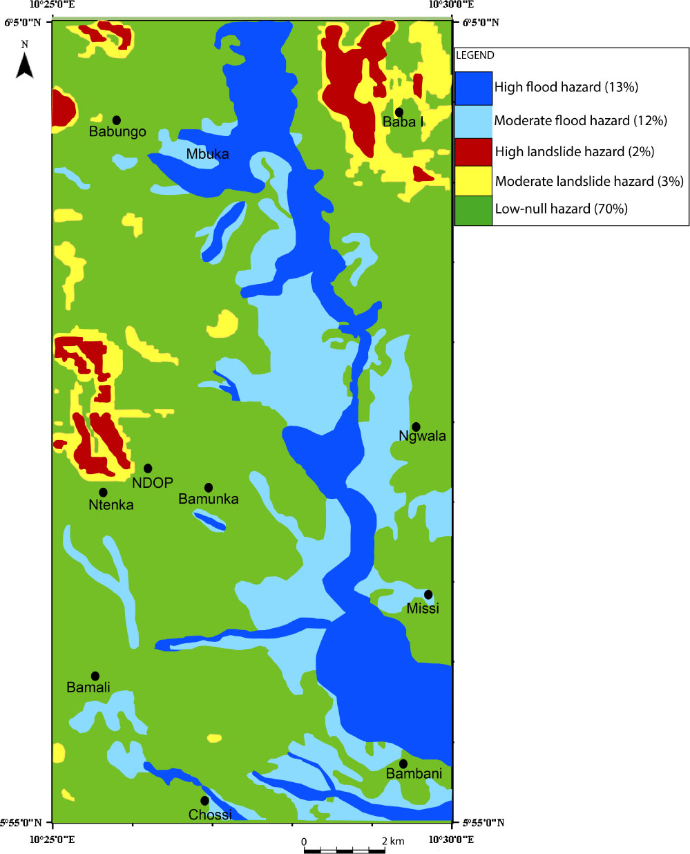 Figure 7 Hazard map of the Ndop Plain. Percentages of the surfaces of exposed areas are listed.