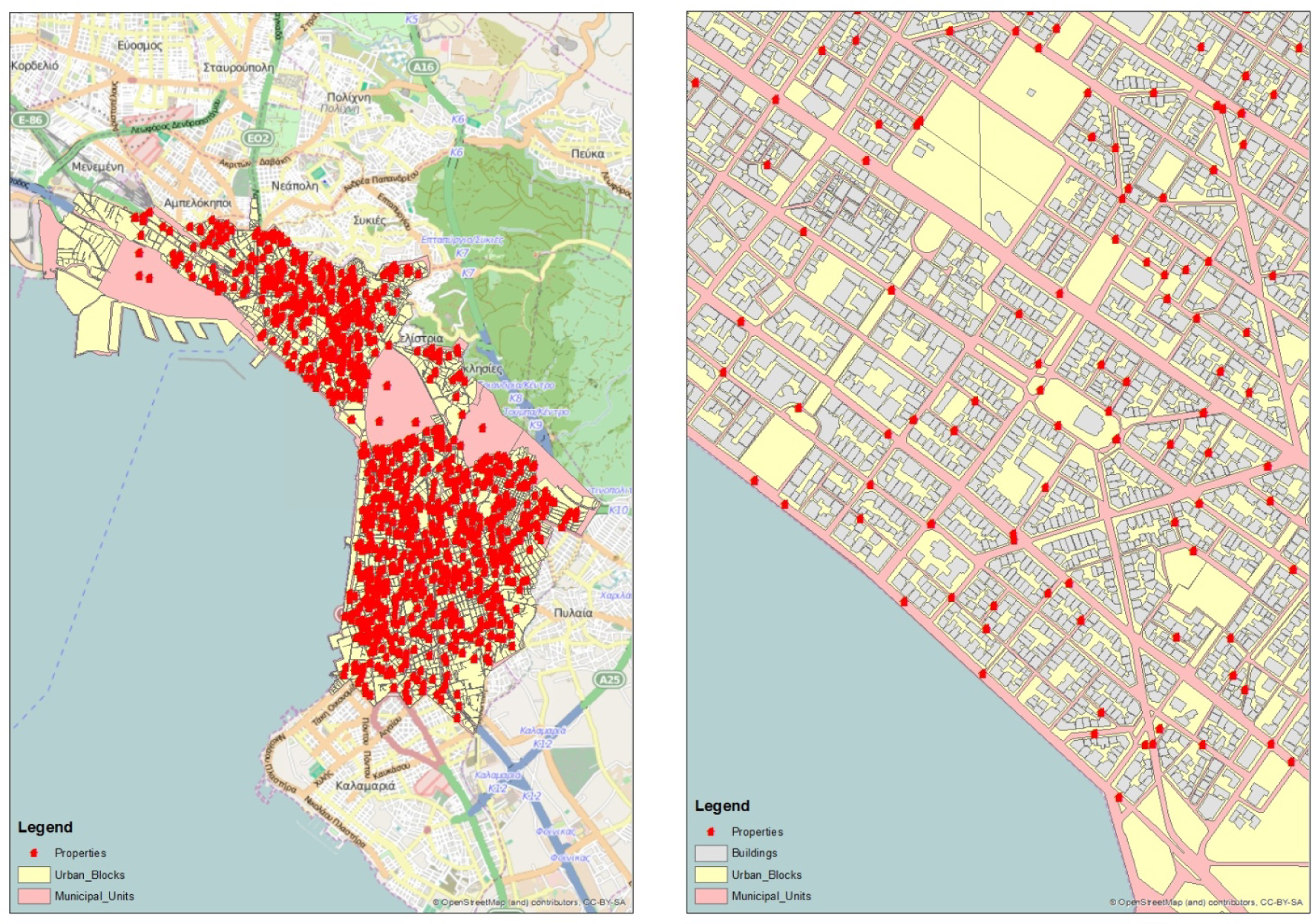 Figure 3 Geocoded properties in the Municipality of Thessaloniki (left) and in part of it (right). Source: Municipality of Thessaloniki, data processing by the authors.