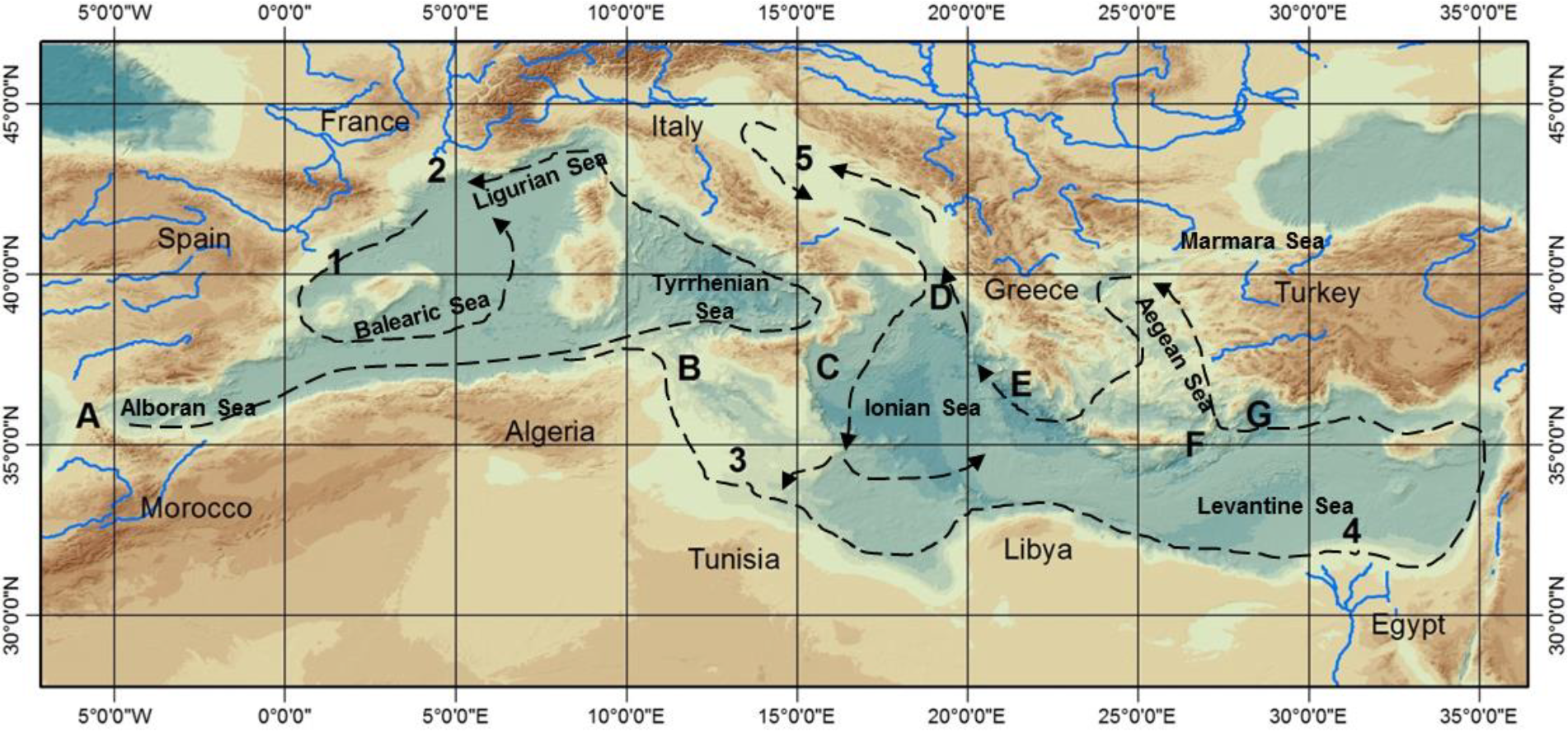 Figure 1 Location map of study area. Black lines follow the path of sea surface water circulation. The numbers indicate the areas with wide continental shelf while the capital letters point out the main straits.