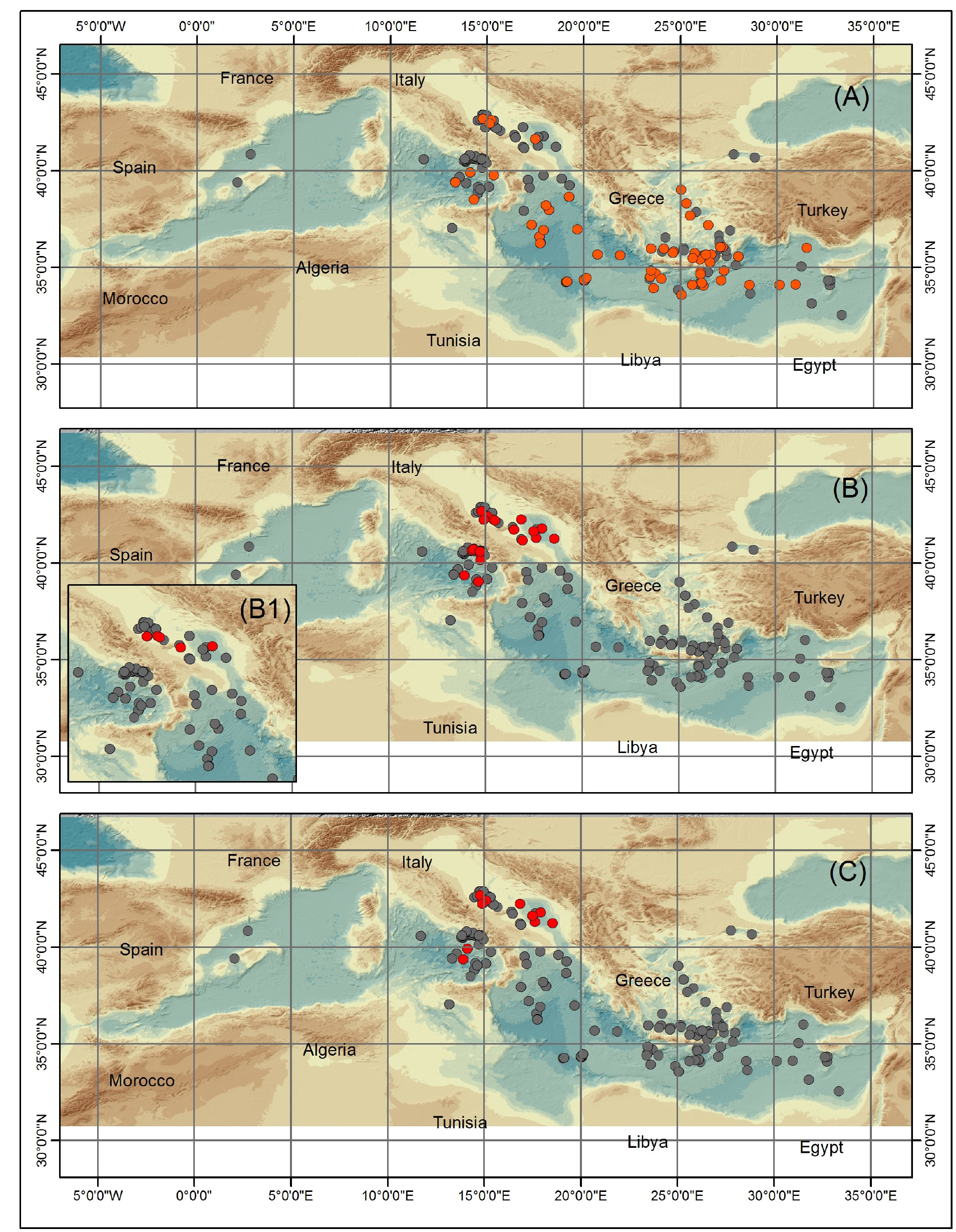 Figure 7 Tephra outcomes from the data stored in WDB-Paleo (gray dots). In detail, the red dots represent: the Y-5 tephra (ca. 39 ka) (A); the protohistoric eruptions tephras (B) and the tephra related to the protohistoric eruption AP2 (ca. 3.2 ka cal age in Santacroce et al., 2008-B1); the Agnano Pomici Principali (ca. 12 ka) and Soccavo 1 (ca. 12.5 ka) tephras (C). See text for age details.