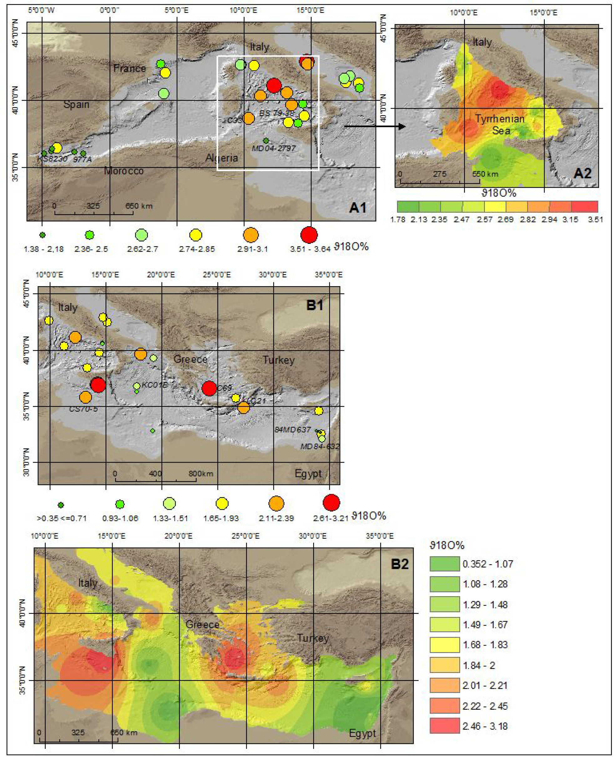 Figure 9 Maps showing the geographical distribution of samples and averaged changes of δ18O measured on G. bulloides (Figs. 9A1, A2) and on G. ruber var. white (Figs. 9B1, B2), respectively.