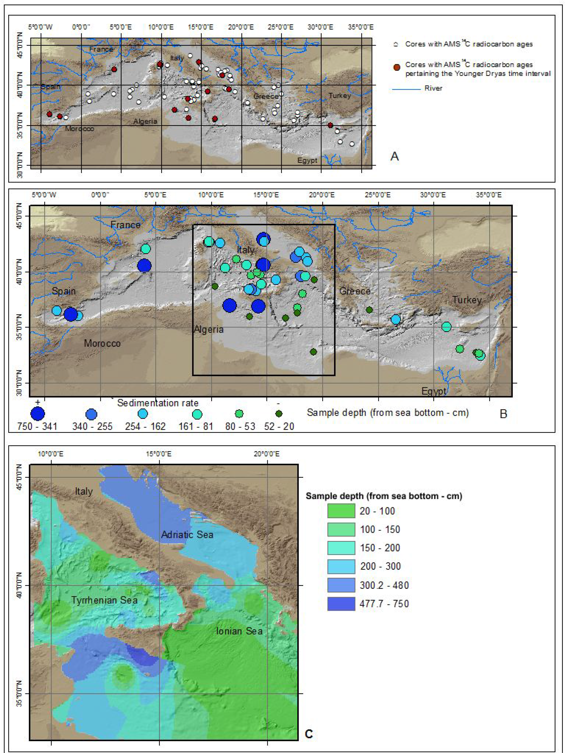 Figure 10 Geographical distribution of AMS14C dated samples (A). Depth (cmbsf) of the Younger Dryas climatic event in all the cores by integrating AMS14C ages and oxygen isotope signature (B). Conturing map of YD depth (cmbsf) in the Tyrrhenian, Ionian and Adriatic seas (C).