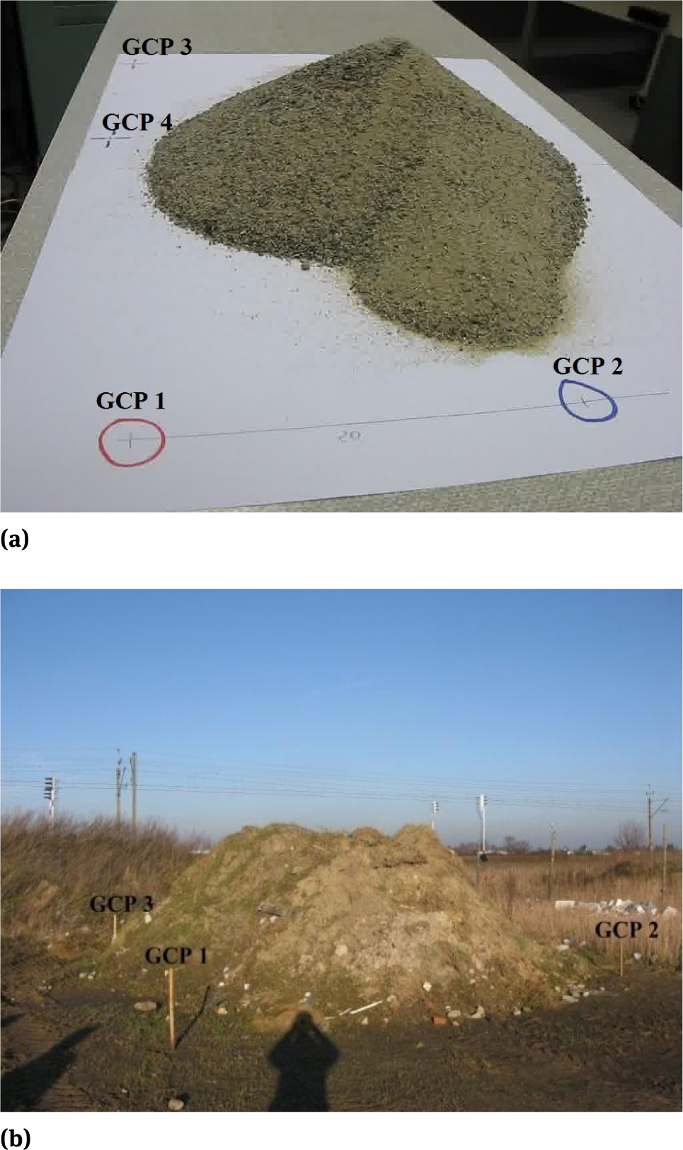 Figure 3 Laboratory test embankment (a), field embankment (b) with GCPs marked