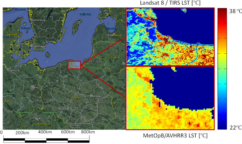 Figure 5 On the left: the map depicting the location of the area of interest – the Gulf of Gdansk, South Baltic, Poland (source: Google Earth), on the right: LST maps calculated from both sensors – Landsat 8/TIRS (top-right) and MetopB/AVHRR3 (bottom-right). Blue pixels in the upper and the lower right images represent sea or cloud areas that were masked out of the analysis.