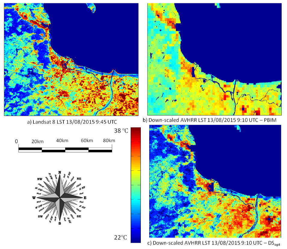 Figure 6 Comparison of downscaling results for the investigated area: top-left: LST calculated from Landsat 8 image, top-right: LST downscaled from AVHRR using PBIM method, bottom-right: LST downscaled from AVHRR using DSopt method