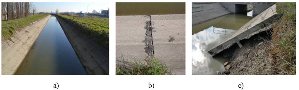 Figure 4 (a) Water channel and earth levees in test site B; (b) Examples of open joint between liner sections; (c) Example of a section were erosion is taking place behind the liner.