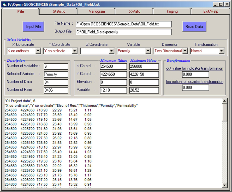 Figure 5 A captured view of the JeoStat’ data importing window