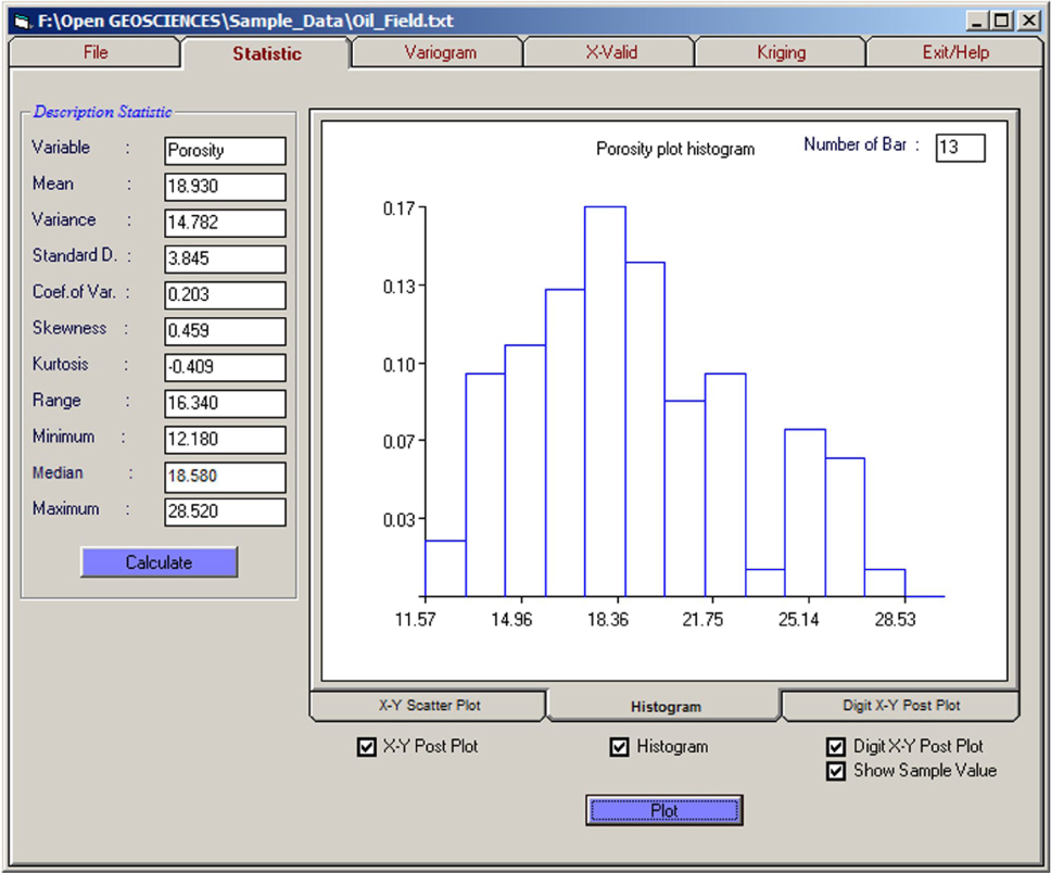 Figure 6 “Statistics tab screen” of JeoStat for delineating histogram and descriptive statistics of porosity data