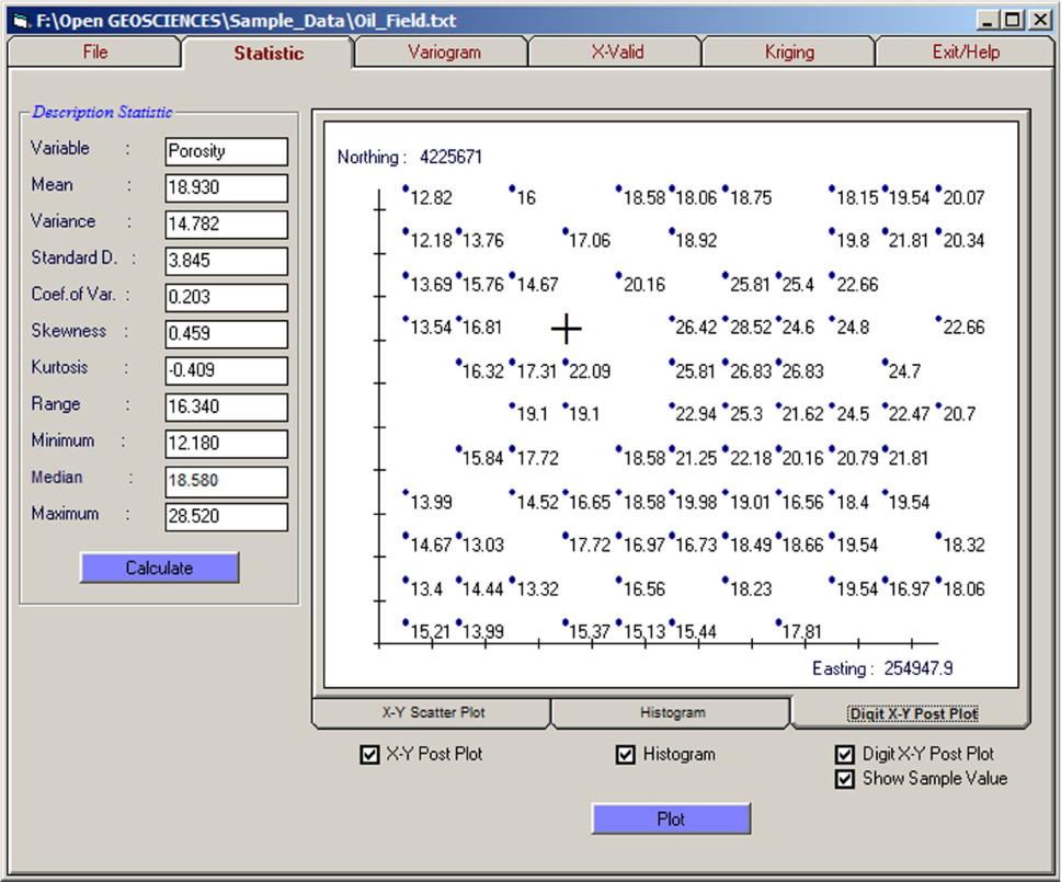 Figure 7 JeoStat “Statistics tab screen” for post plot of observed porosity data