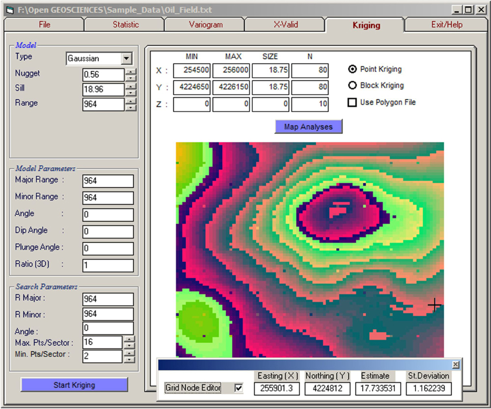 Figure 11 Demonstration of estimate and kriging variance using mouse events applied to mapped kriging results