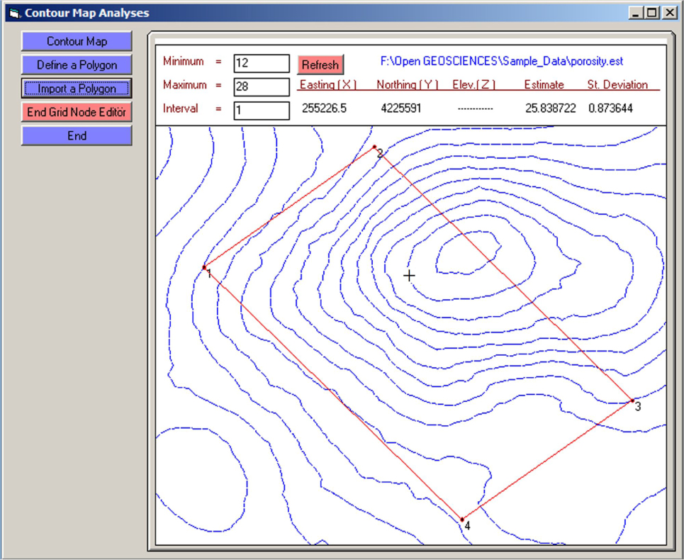 Figure 13 A view of “Grid Node Editor” for porosity contour map of the kriging estimation. Polygonal area stands for oil field boundaries