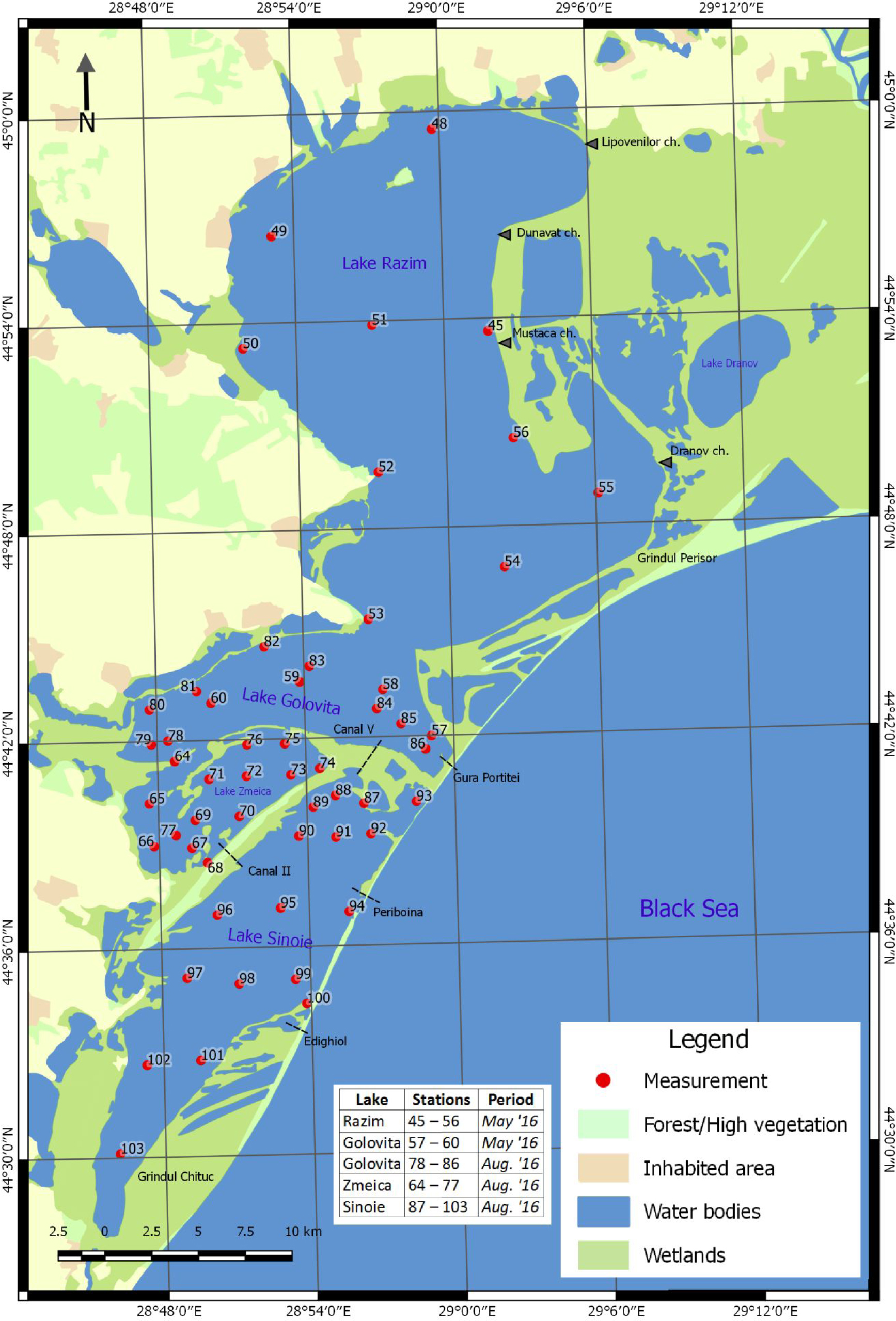 Figure 1 Location of the Razim - Sinoie Lagoon Complex. Red dots mark the sampling sites (Redrawn after: EEA Corine Land Cover 2006)