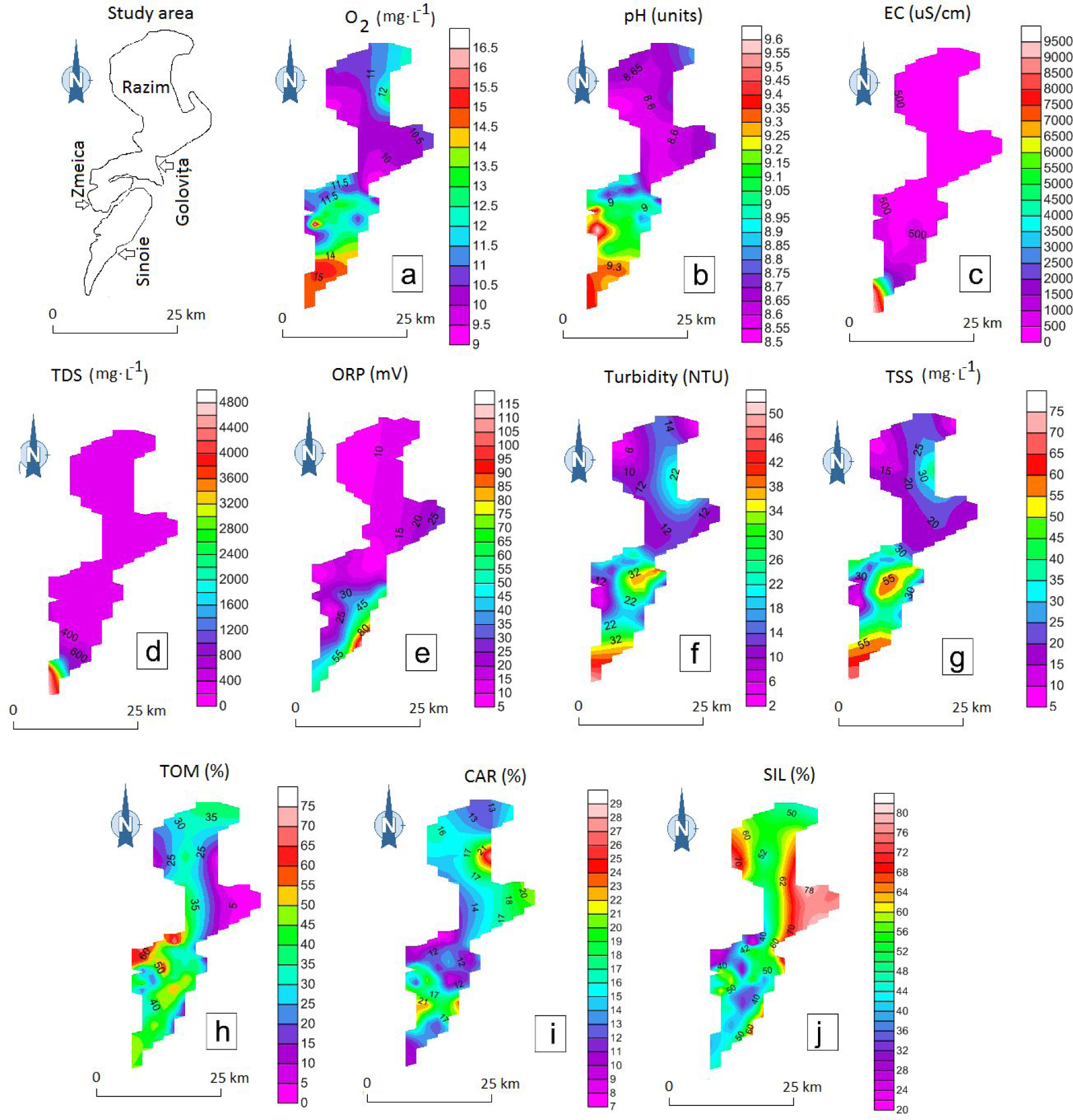 Figure 3 Map of the study area (Razim, Golovita, Zmeica and Sinoie lakes). The physico-chemical parameters and their spatial variation of distribution in water (from a to g) and sediment (from h to j) are indicated (color scale bar). The distribution maps were realized with the Surfer software - Golden Software, Inc., 2010, using kriging interpolation