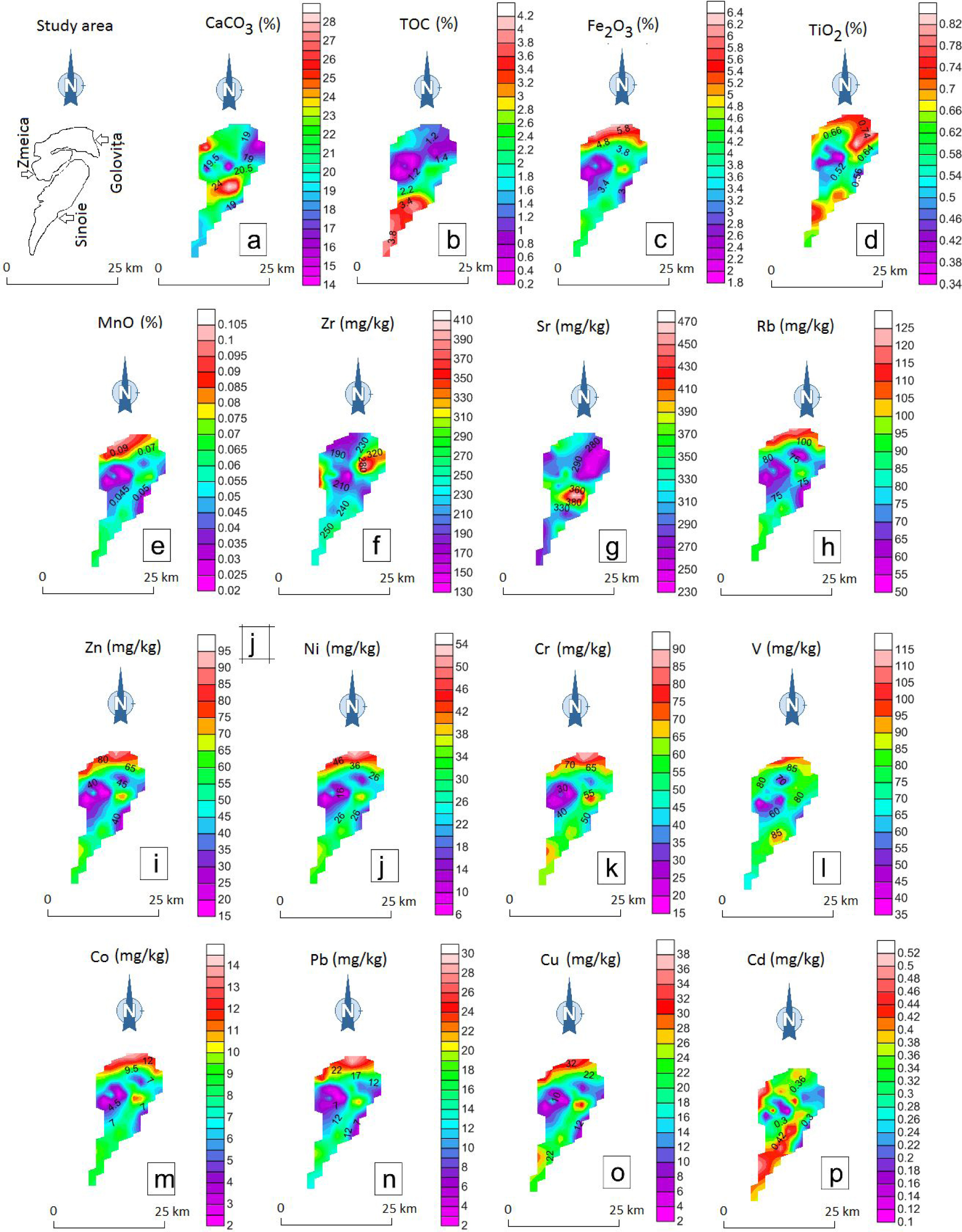 Figure 5 Map of the study area (Golovita, Zmeica and Sinoie lakes). The major and minor components and their spatial variation of distribution in bed-sediments are indicated (color scale bar). The distribution maps were realized with the Surfer software - Golden Software, Inc., 2010, using kriging interpolation