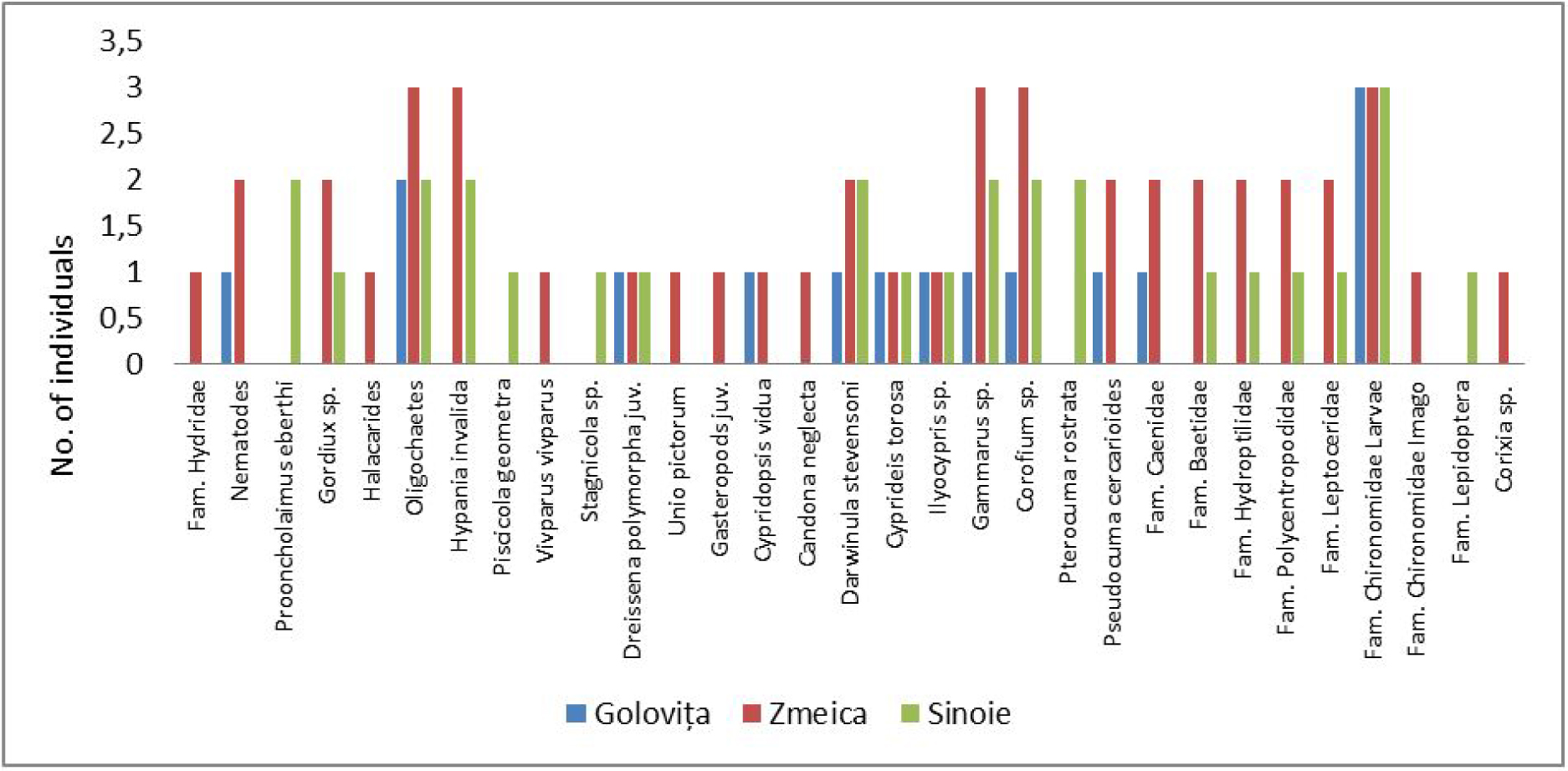 Figure 6 Abundance of the benthic populations (expressed as an average) in Golovita, Zmeica and Sinoie lakes