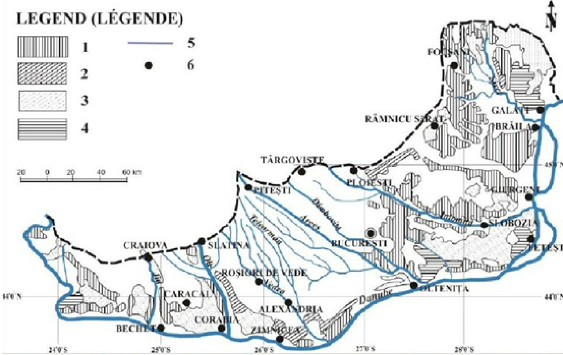 Figure 4 The Romanian landscape described; the loess landscape in southern Romania from Grecu et al. [21]. In the loess regions random hydroconsolidation occurs leading to hardcastle hollow formation. They report 2:1 as a rectangle ratio. 1- collapsible loess, maximum collapsibility, 2- 4 collapsible loess with diminishing collapsibility, 5- rivers, 6-localities.