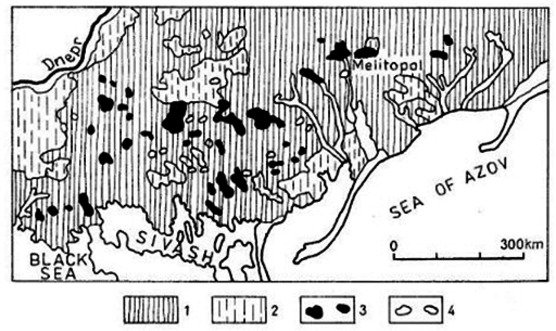 Figure 5 South Ukrainian ‘podes [21]: 1- loess, 2- sandy loess, 3- active podes, 4- dead podes.