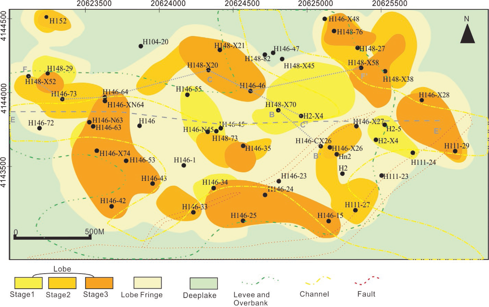 Figure 2 Generalized map of architectural elements of Es3m interval. Map is showing locations of well cross-sections and seismic-sections used in this paper. B-B’, C-C’ (Figure 9) and F-F’ (Figure 13) are well cross-sections; while E-E’ is seismic-section (Figure 11). This depositional model is based on spatial and temporal information inferred and gathered from different data sets of study area.
