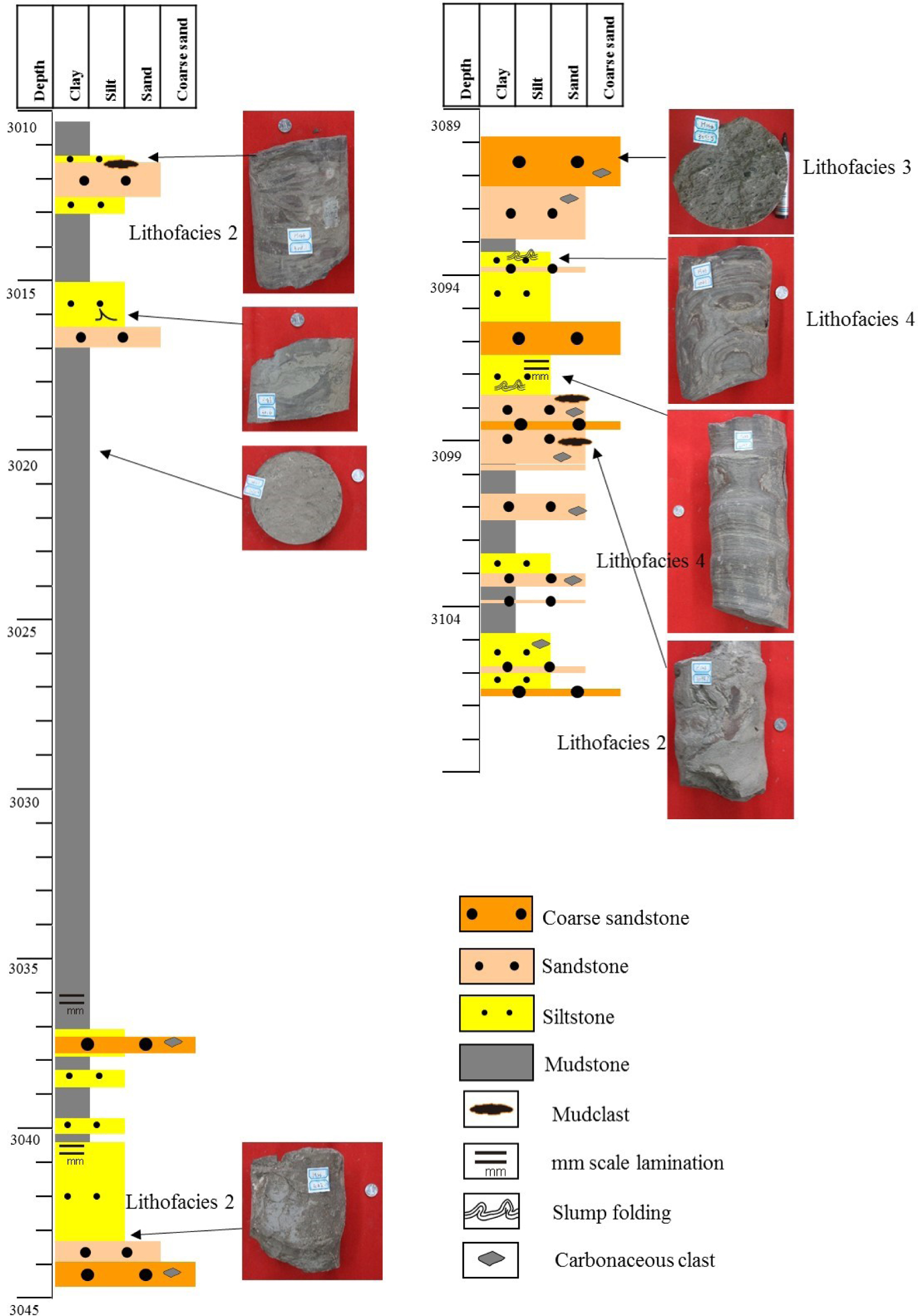 Figure 6 Core log from Well H146 showing mudclast In lithofacies 2, carbonaceous clast In lithofacies 3 and lamination and slump folding In lithofacies 4.