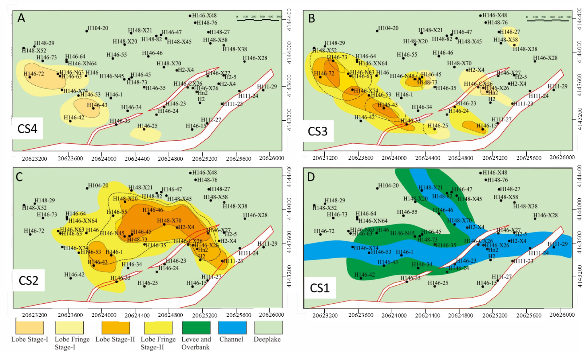 Figure 12 Map showing architectural elements mapped in plain view representing end stage of each composite sequences (A) CS4, shows retrogradational pattern of architectural elements; (B) CS3, also shows retrogradational pattern; (C) CS2, shows progradational pattern of architectural elements; (D) CS1, shows progradational pattern. Maps are based on inferred information from spatial and temporal references gathered from multiple data sets of study area.