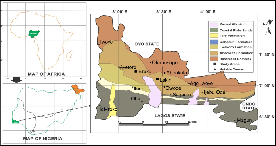 Figure 1 Geologic Map of Eastern Dahomey Basin showing the study areas [14].
