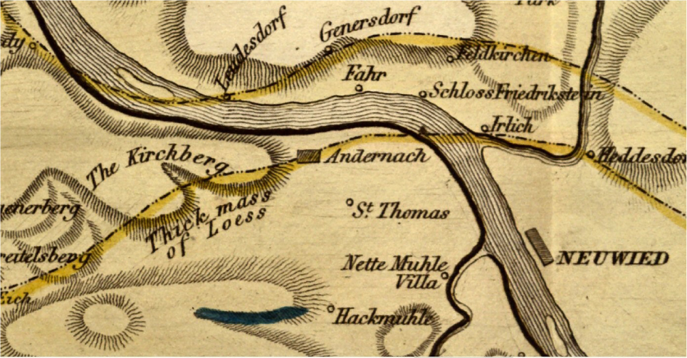 Figure 1 Map (portion of…) by Charlotte Hibbert [14]; attached to the book by S. Hibbert [15], the first representation of loess distribution. (see whole map at Romantic Circles website https://www.rc.umd.edu/node/38560