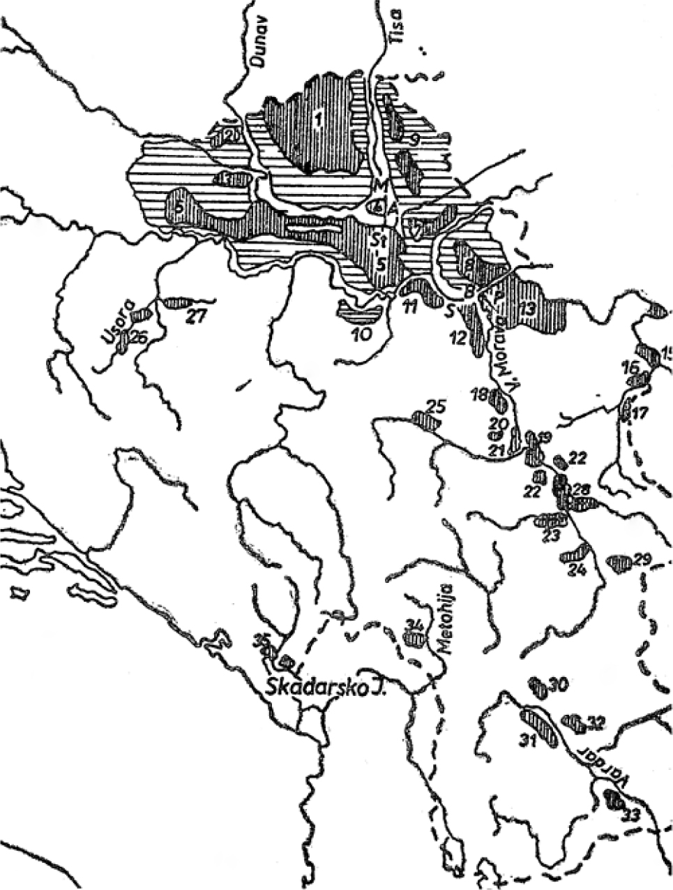 Figure 6 Sketch map of loess distribution in Yugoslavia, from Marković-Marjanović [38]. This is part of Fig. 1 showing the loess in Serbia. Vertical hatching: continental loess, horizontal hatching: swamp loess (loess paludeen). Locations: 1-9 loess plateau of the Pannonian basin; 10-13 loess on the southern edge of the Pannonian basin; 14-27 scatterings of loess in the fluvial valleys; 28-34 loess in the mountain valleys; 35-37 scattering of loess in the Adriatic region. An important early representation of loess in Serbia.