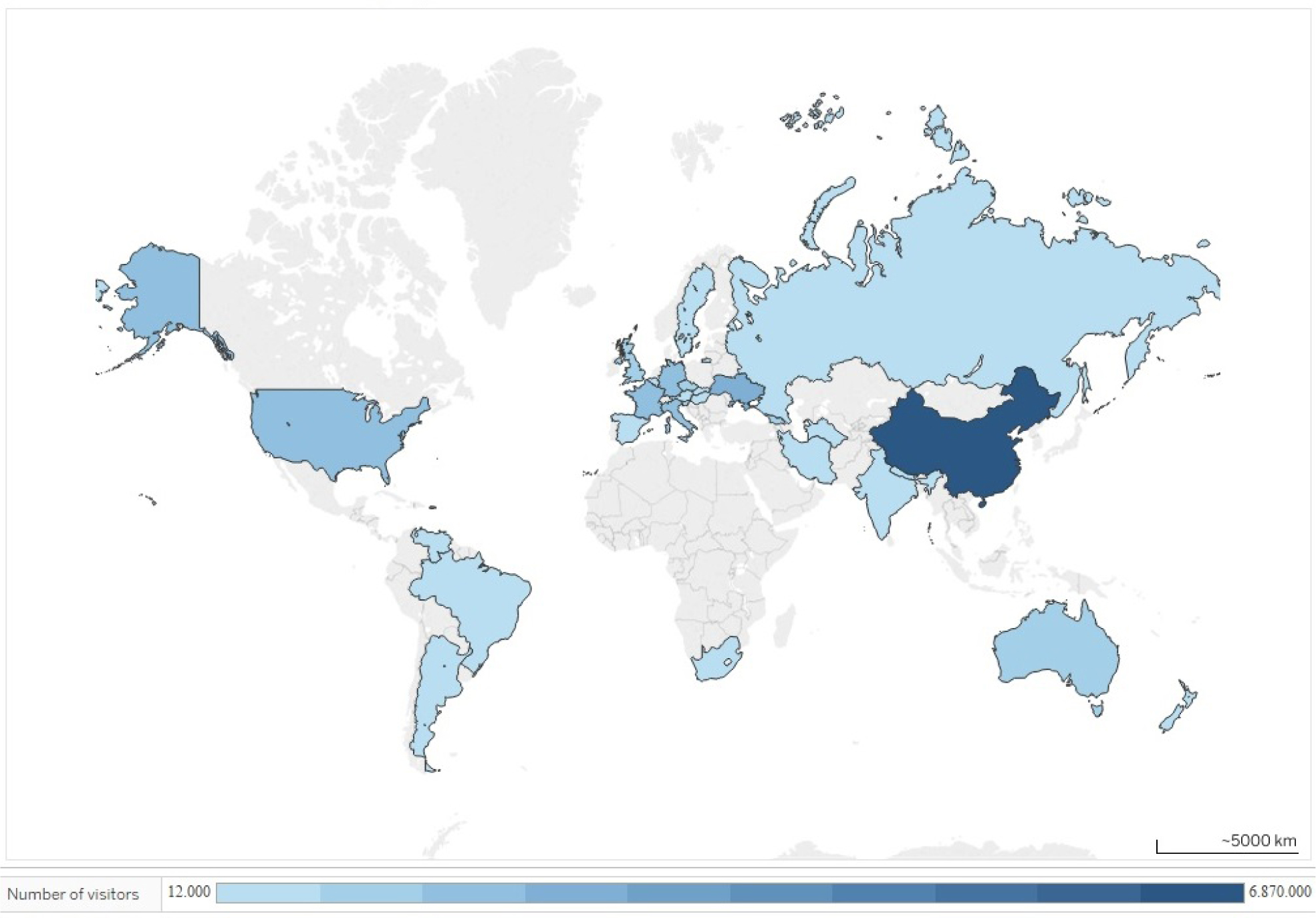 Figure 1 Worldwide distribution of visits in tourist caves per year (adapted from [17]).