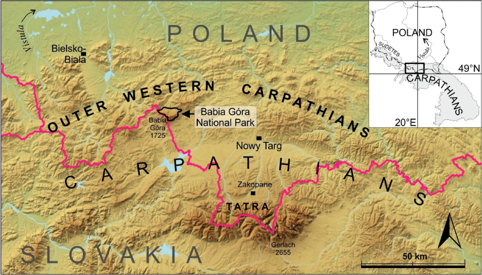 Figure 1 Location of the Babiogórski National Park within the Carpathian arch