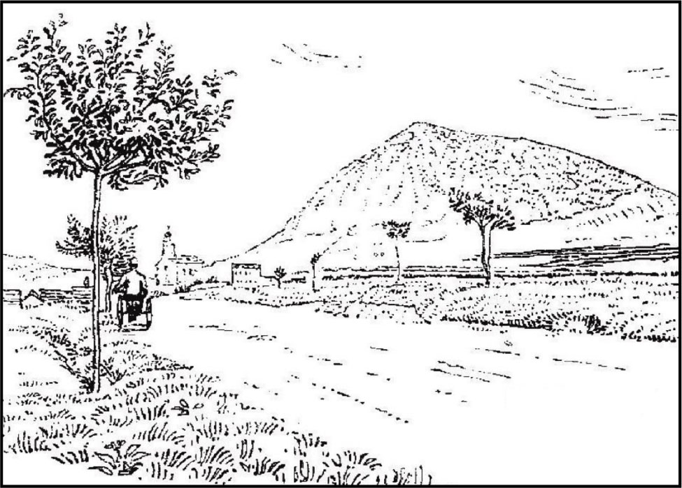 Figure 2 Illustration from The Gypsy Road: a Journey from Krakow to Coblen – A drawing of a hill near Schaldnig, in what is now the Czech Republic, from the 1894 volume by Grenville Arthur James Cole (1859-1924), that could readily be used in modern geotrail interpretative media