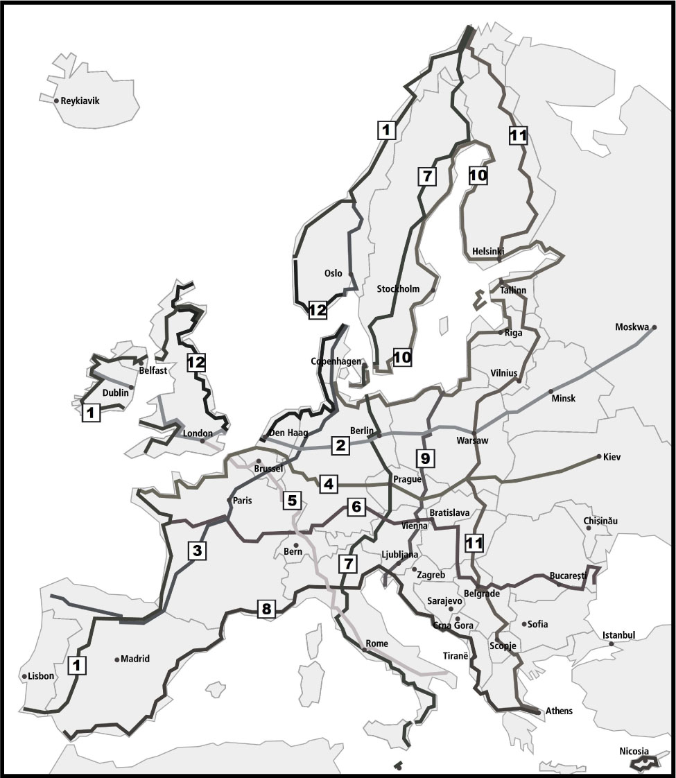 Figure 5 Map of the EuroVelo routes – This outlines the routes (with their numbers) of the pan-European cycle network