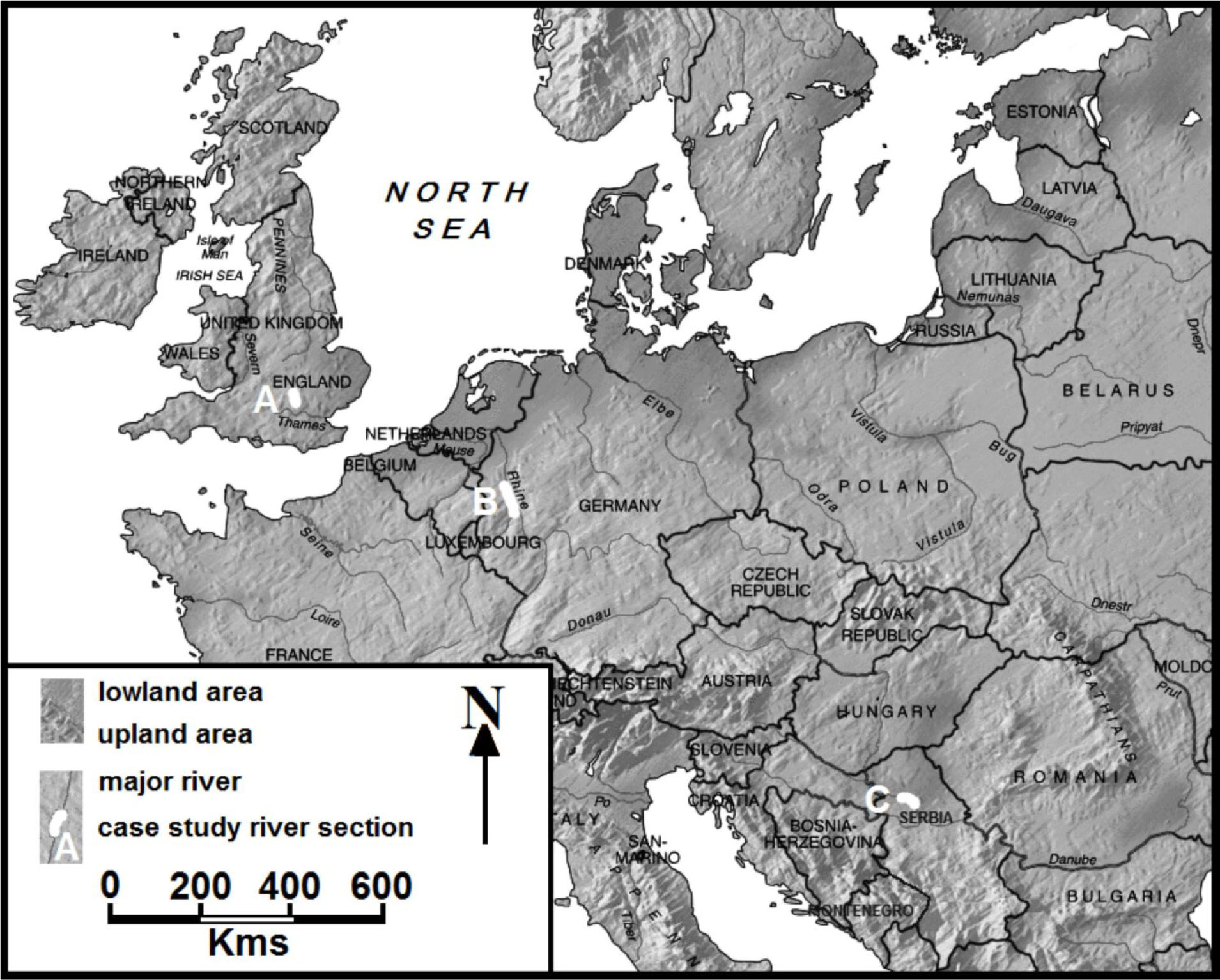 Figure 6 Map of Europe’s Major Rivers – This shows the differences in the scale of Europe’s rivers. It shows the location of the three case study areas, with the selected sections of the Ver, Flit and Great Ouse rivers of Eastern England (A), the Middle Rhine the Upper Danube (C) indicated