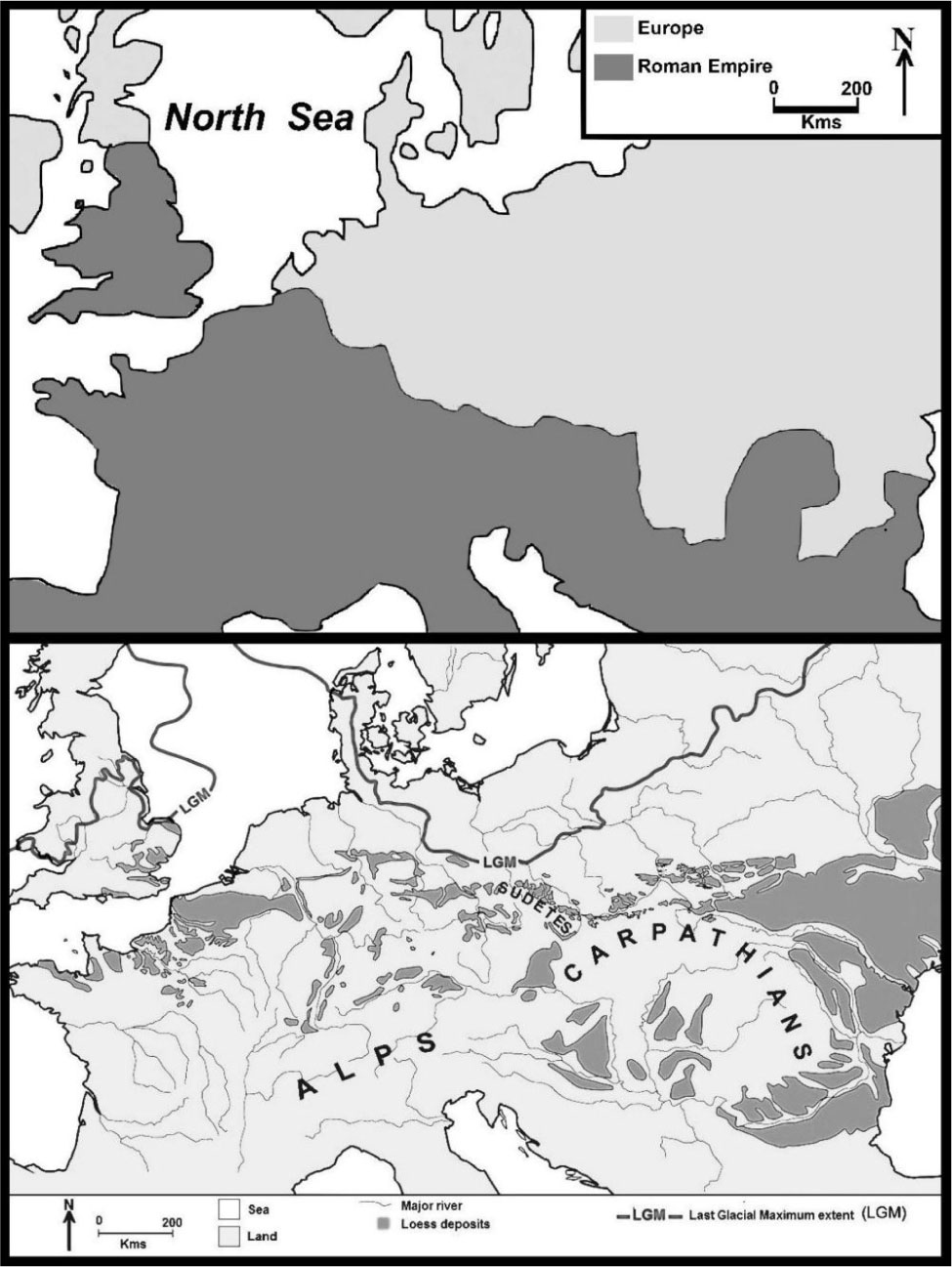 Figure 7 Maps Showing the Geographical Extent the Roman Empire and Loess Deposits in Europe – The Roman Empire, as shown, reached its greatest extent in the 2nd century (around 117 AD, at the time of Emperor Trajan’s death) when it dominated much of northern, central and Mediterranean Europe, as well as the Mediterranean coastlands of North Africa. Thick loess deposits are concentrated, in a broad east-west belt from Britain to the Black Sea. However, where not discretely mapped within that belt it is at least a minor, and usually under-reported, constituent of many soils and river valley sediments