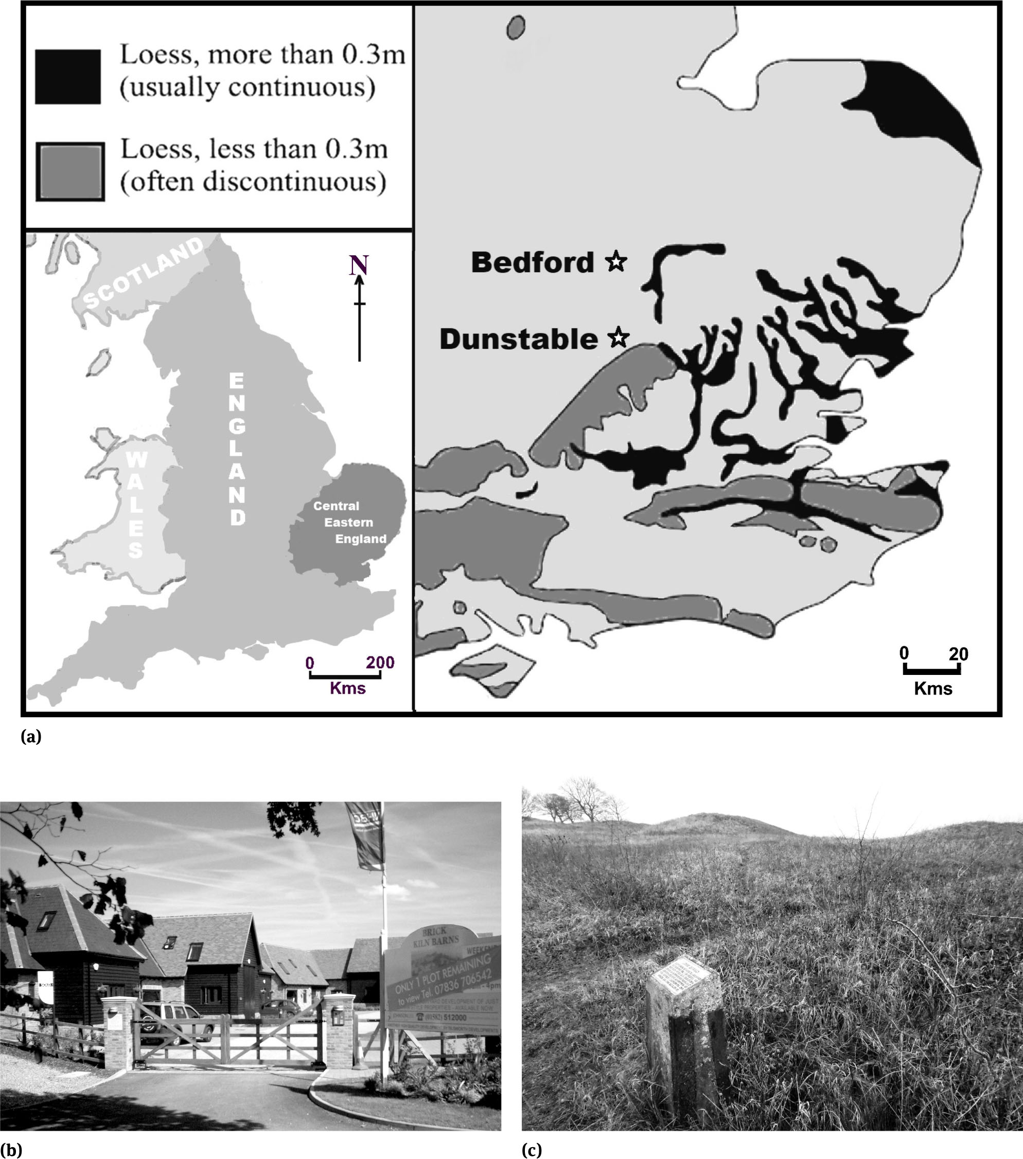 Figure 8 Central Eastern Englanda. Map of major loess deposits in Central Eastern England – Whilst loess deposits can be found across, although probably considerably under-reported, much of England and Wales they are often very thin and incorporated within soils. Thicker, up to about 2-m loess deposits can be found in eastern England, especially in a few coastal sections. Equally thick loess deposits were excavated, as ‘brickearth’, in Chalk dolines around the Whipsnade area just south of Dunstable whist loess is a minor constituent of some of the River Great Ouse sediments at least in the Biddenham area, west of Bedford.b. “Brick Kiln Barns” private housing estate – This 2010s development has been built over a nineteenth century brickyard and kiln site; amazingly, when the author was undertaking fieldwork on the site he found that none of the residents were aware of the site’s geological or industrial archaeology interest!c. The Five Knolls, Dunstable Downs – This has seven barrows, or burial mounds, and was used for burials from late Neolithic to Roman times. The metal plaque atop a concrete post, probably dating from the late-1950s, provides basic site information; it is the only one of several such remaining intact on the site and will probably outlast the fibreglass interpretative panel emplaced in the 2000s.