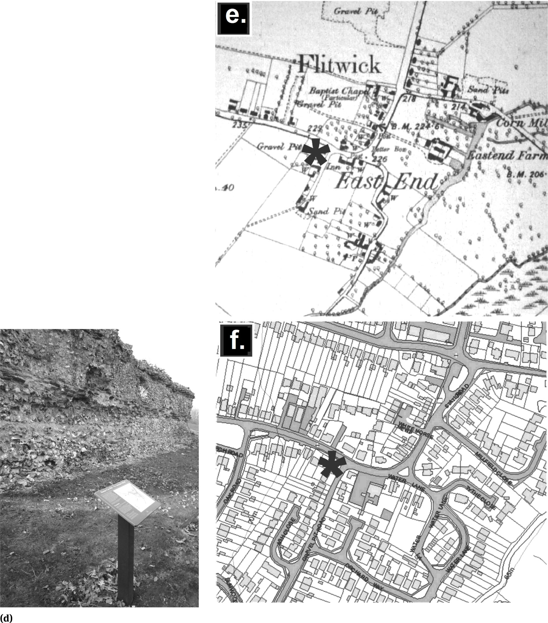 Figure 8 Central Eastern Englandd. St Albans, Roman town walls – The incomplete remains of the town wall of Verulamium stand up to 4m in height with each major section having a small information panel. The walls consist of cemented local flint rubble, with locally-made red tile coursing. Just off the town lies the site museum and an amphitheatre.e. Flitwick, late 19th C. OS 1:12,560 map extract – This shows two gravel pits (the asterisk marks the position of one of them) and a sand pit, together with part of Flitwick Moor - shown as hummocky grass with trees. © Ordnance Surveyf. Flitwick, early 21st C. OS map extract – The street map extract (reproduced to the same scale as 8e) shows in some detail how almost the entire late-19th C. rural landscape, including parts of Flitwick Moor (shown bottom right, that is the south-east corner, on both map extracts), has disappeared under relatively modern housing developments. However, the existence of the old gravel pits is marked by road names – the asterisk marks the entrance to ‘Gravel Pit Road’. © Ordnance Survey