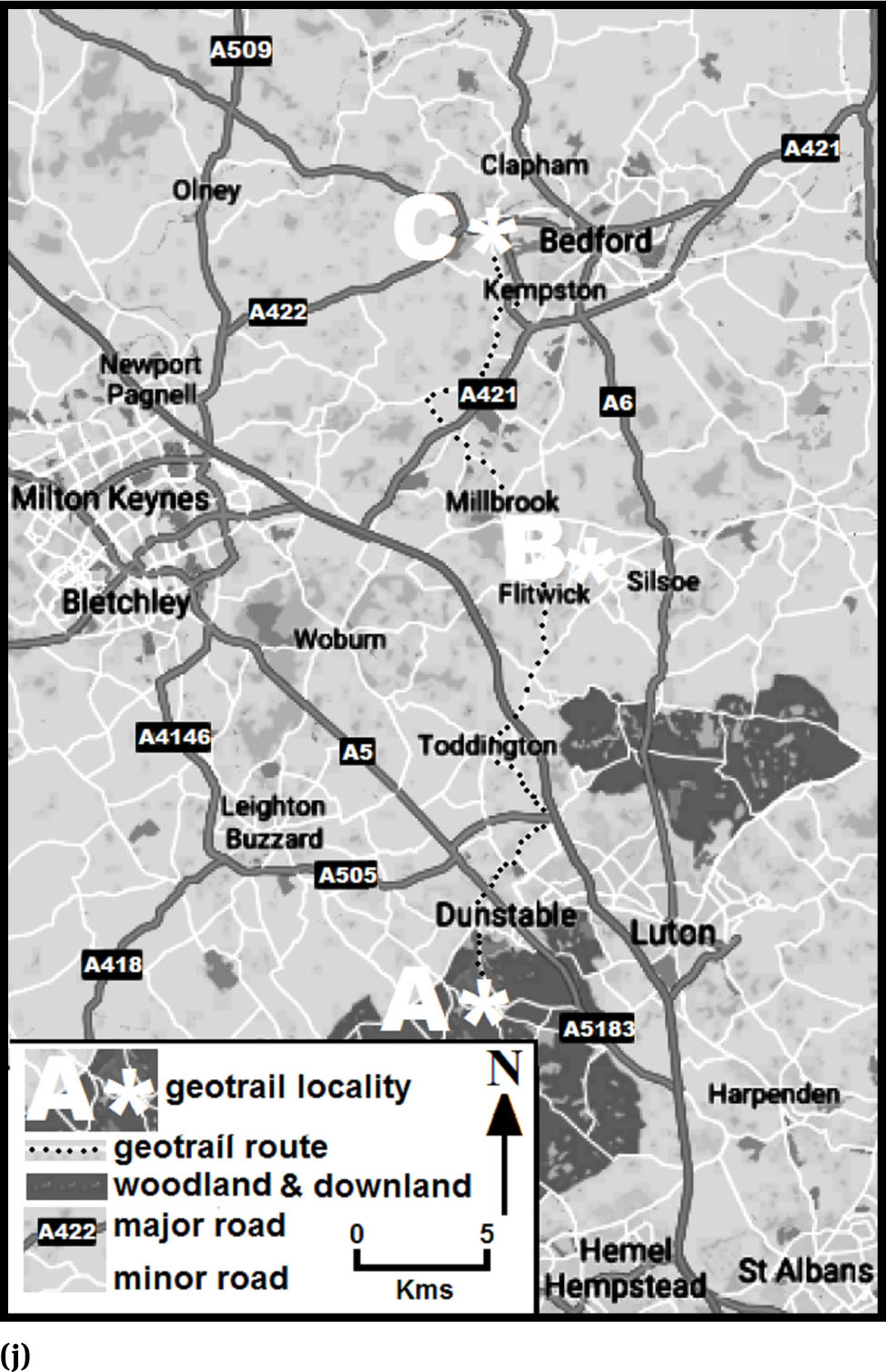 Figure 8 Central Eastern Englandj. Map of the Proposed Whipsnade to Biddenham Geotrail route – This links the existing Flitwick (B) geotrail with two others currently in preparation for the Whipsnade (A) and Biddenham (C) areas; all are based upon historical Geologists’ Association excursions. (Map based upon a © GoogleMaps original)