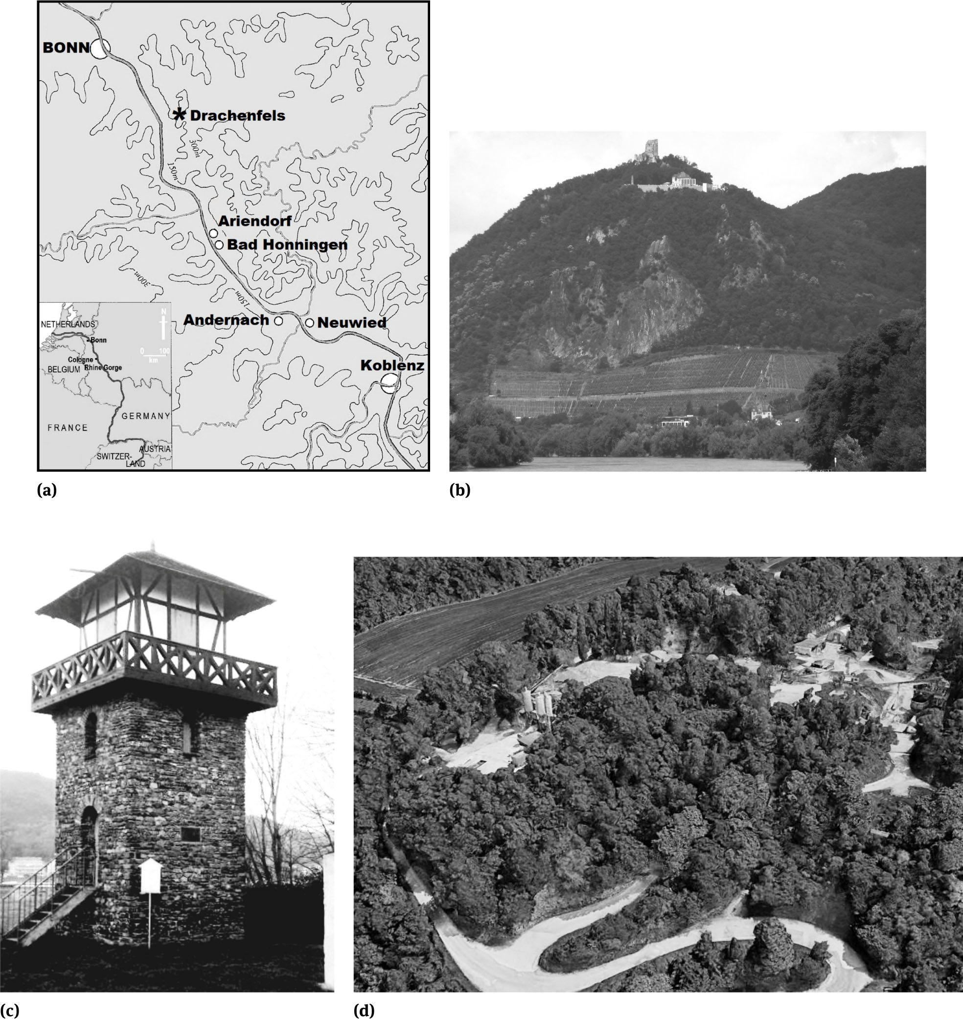 Figure 9 The Middle Rhine Sitesa. Map of the Middle Rhine localities – This map indicates the broad topography of the Rhine valley in the area and shows the main sites mentioned in the case study. (base map is after Turner 1997)b. The Drachenfels – The 321-m hill on the banks of the Rhine in the Siebengebirge uplands was formed by rising magma that did break through to the surface; it cooled and solidified to form trachyte which has been quarried since Roman times. The hill’s slopes have the most northerly vineyards along the Rhinec. Bad Honningen, reconstructed Roman watch tower – This is of stone construction although many of the watch towers were of timber construction, matching the mainly turf and palisade nature of the Roman defensive linesd. Bad Honningen, aerial view loess pits – A grading and washing plant can be seen in this view of the main working loess pits (modified image, Courtesy of Google Earth)