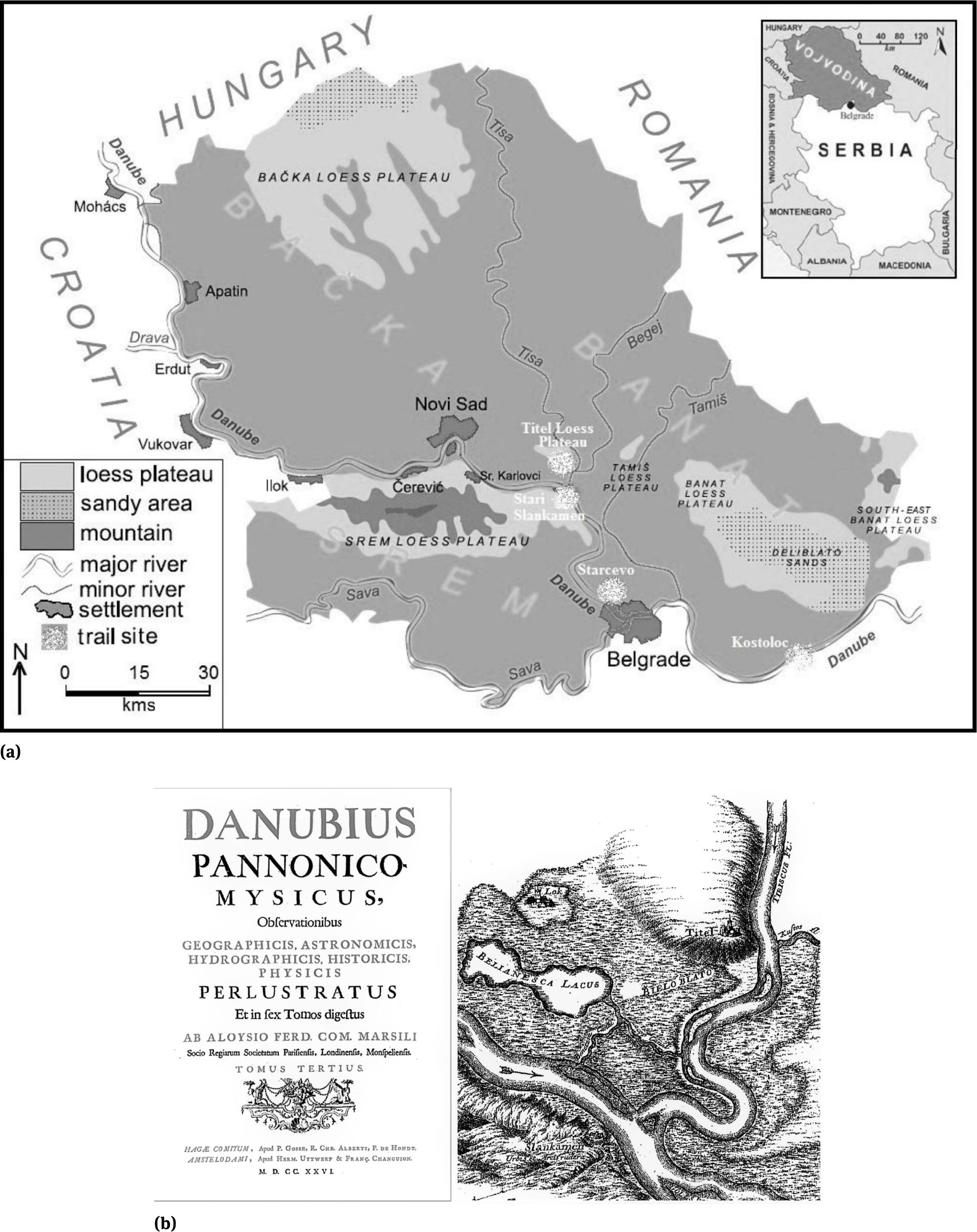 Figure 10 The Middle Danube Sitesa. Middle Danube Loess and Archaeological Sites Location Map – This shows the location on both banks of the river of the main geotrail sites and their relationship to the major loess features of the region. (based on Vasiljevic et al. 2016)b. Title Page and Map from Danubius pannonico Mysicus – The volume’s title page (left) and map (right) showing the Titel loess plateau and Stari Slankamen from the first volume of Count Luigi Ferdinando Marsigli’s (1726) Danubius pannonico Mysicus