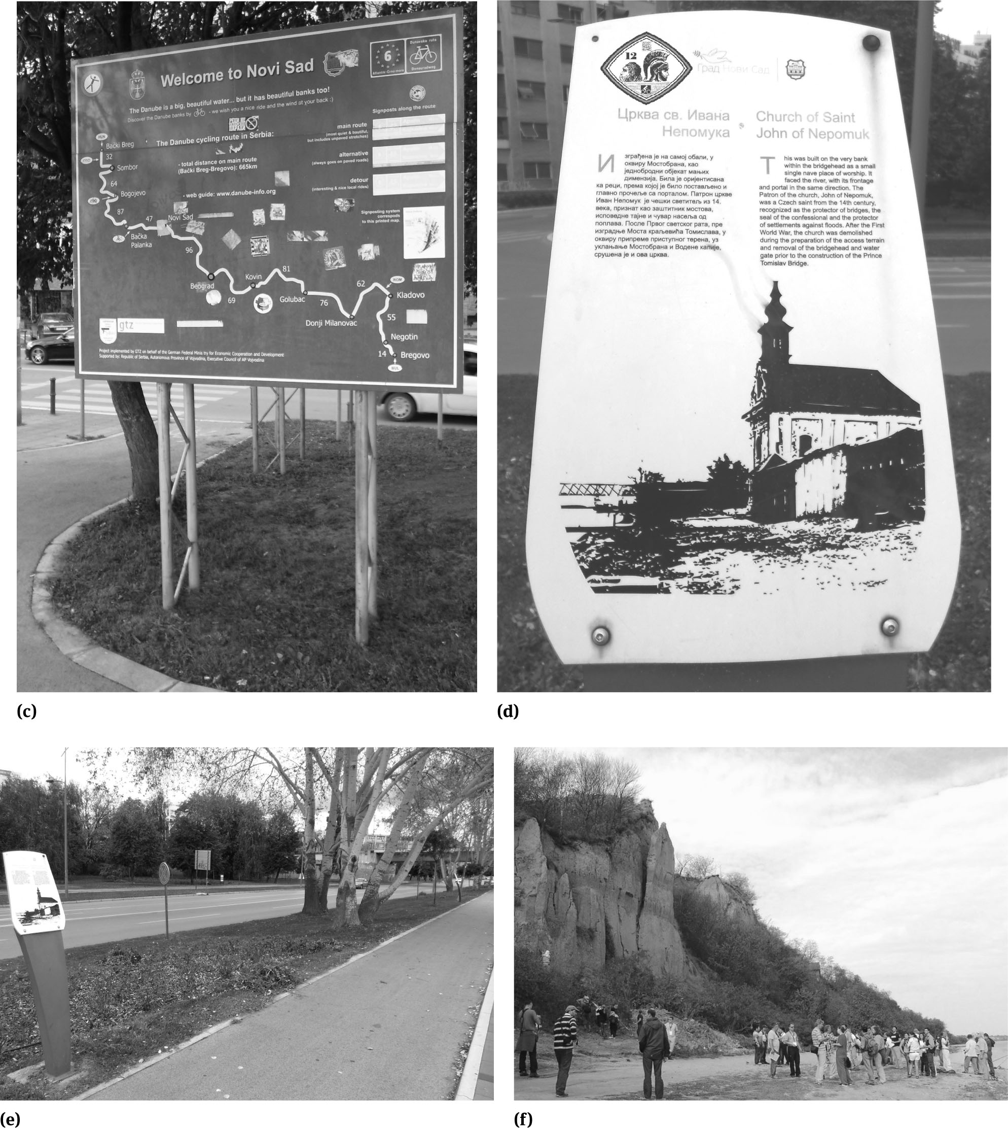 Figure 10 The Middle Danube Sitesc. Novi Sad, EurVelo6 cycleway sign – Several of these large blue and white signs are positioned along the Danube side cycleway in the cityd. Novi Sad, cycleway sign – Alongside the cycleway are several small informational signs, such as this for the church of St. John of Nepomuk, about the city’s historye. Novi Sad, St. John of Nepomuk cycleway sign – All the cycleway signs, like this one, have both Serbian and English texts; this one provides brief historical information about the church which was demolished sometime after 1918. The existing panel has been modified to illustrate how the tentative pan-European cycle route signage could be incorporated in the futuref. Stari Slankamen, cliffs on the Danube – These loess cliffs, first described by Count Luigi Ferdinando Marsigli in 1726, are some 40m high and two palaeosols, clearly marked by two dark bands, can be seen in the cliff