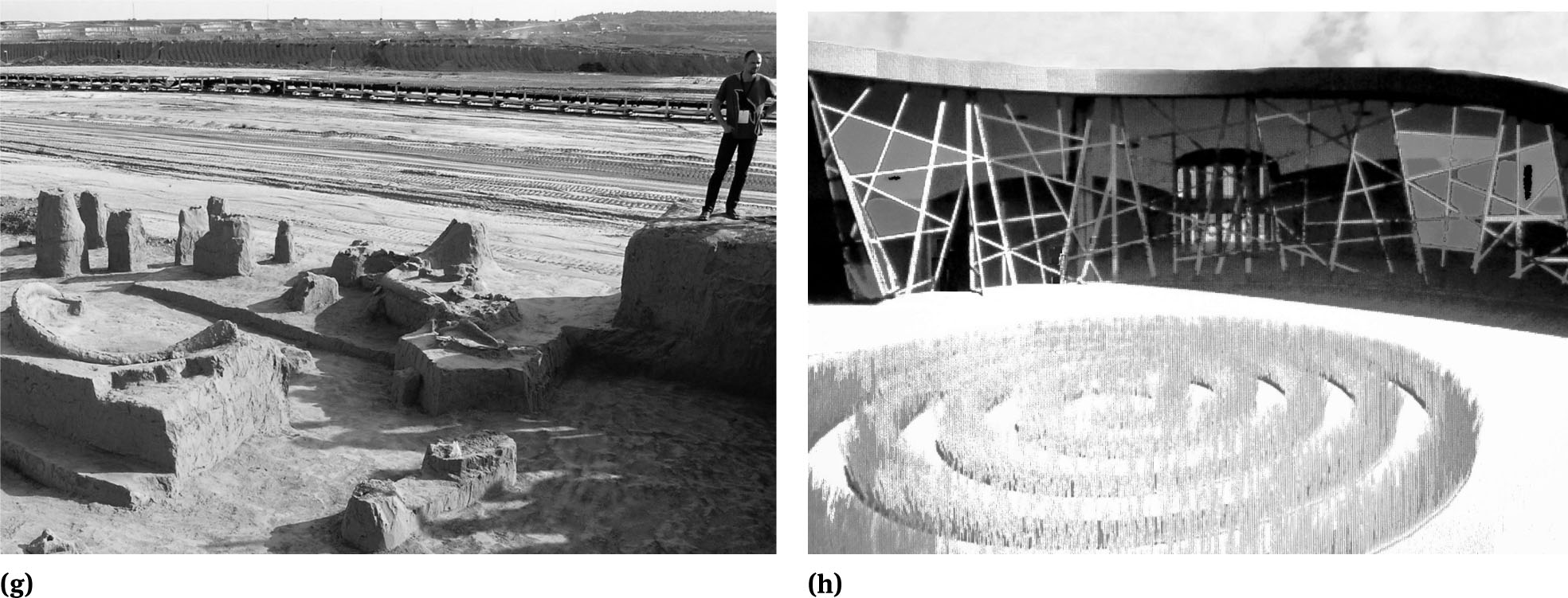 Figure 10 The Middle Danube Sitesg. Kostoloc, mammoth remains in the working pit – Photographed in situ in 2016 prior to their removal to the museum for conservation and exhibition. Two large curved tusks (in the middle of the frame) and several large leg bones from an incomplete skeleton rest on their plinths, formed when the rest of the surrounding material was excavated, on which they would later be lifted out for transport to the museumh. Starčevo Visitor Centre – The initial proposal for a tourist park at this important Neolithic site included a glass and steel visitor centre, partly built into the site, with a grassed roof, somewhat in the form of a large Stone Age burial barrow