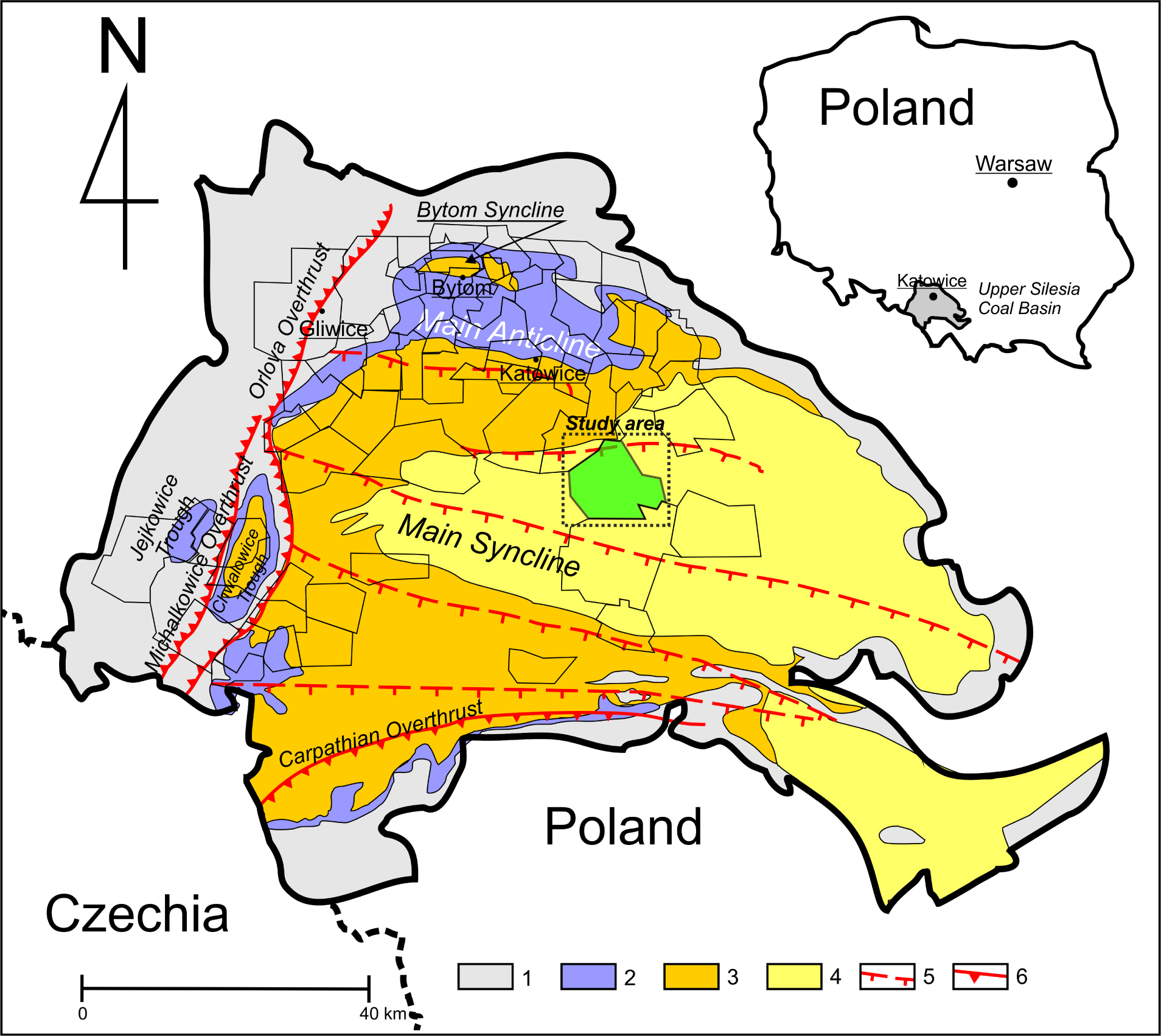Figure 1 Lithostratigraphy and tectonics of the USCB: 1 – Paralic Series (upper Mississippian-lower Pennsylvanian), 2 – Upper Silesian Sandstone Series (lower Pennsylvanian), 3 – Mudstone Series (lower-middle Pennsylvanian), 4 – Krakow Sandstone Series (middle Pennsylvanian), 5 – important faults, 6 – overthrusts (Modified after Kędzior [11])