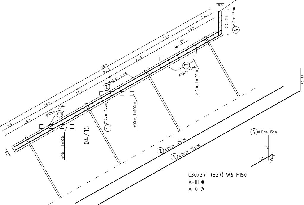 Figure 3 Design of road protection against the landslide. Cross-section through a reinforced concrete slab with reinforcement and schematically marked ground anchors.