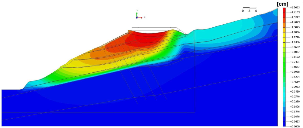 Figure 23 Map of total displacements obtained in the examined cross-section of a landslide along with a deformed FEA mesh in case of exceptional load.
