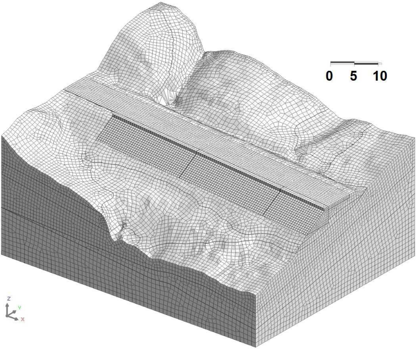 Figure 26 Spatial FEM mesh of the terrain with a retaining structure.