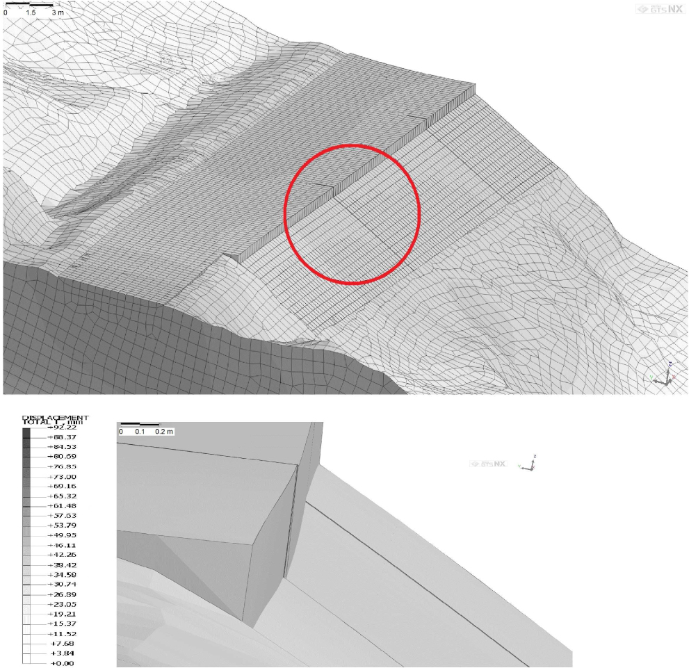 Figure 29 Displacement obtained for the 3–D numerical model assuming that two trucks stop in the section together with the detail showing the displacement of the failed section.